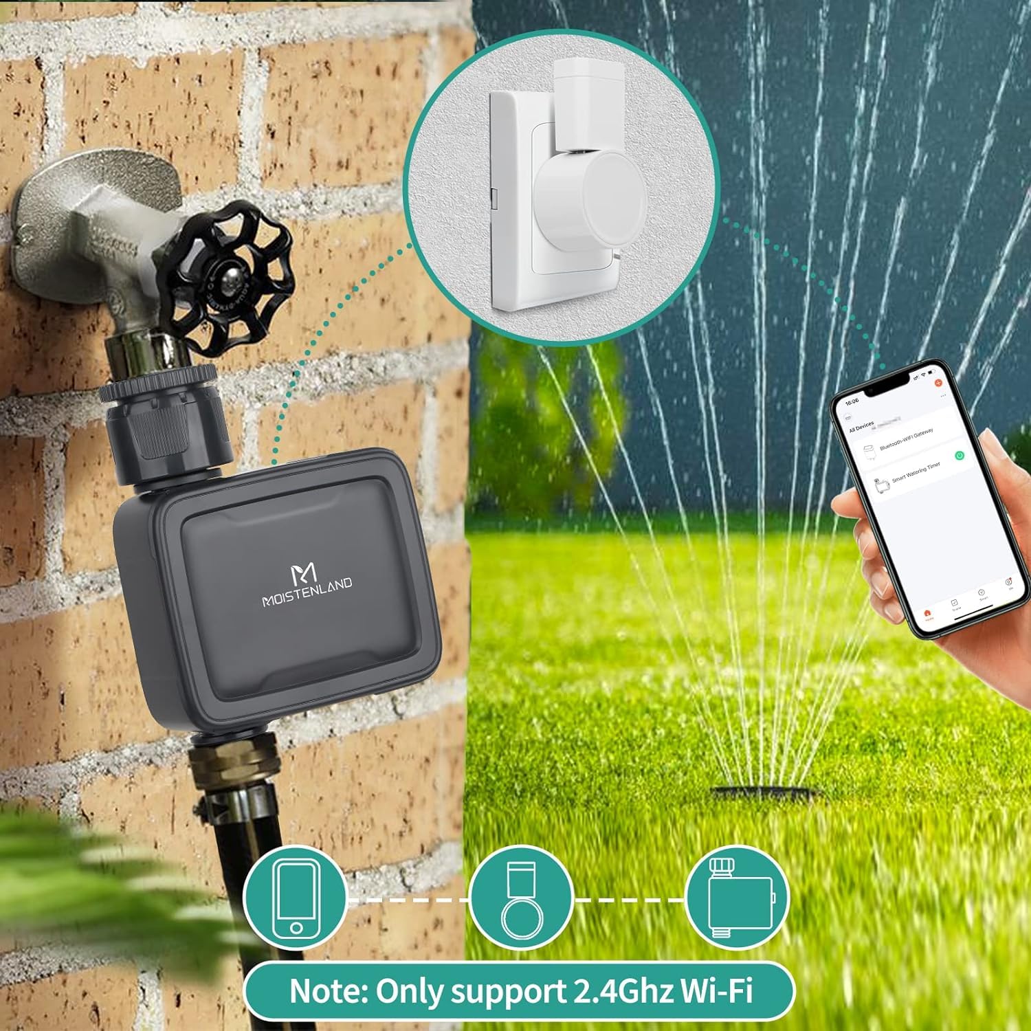 Ordenador de riego WLAN, Grifo de Manguera Inteligente Temporizador de riego, Control Remoto App, Soporte Alexa, Manguera al Aire Libre para Plantas de césped de jardín Cama de Flores.