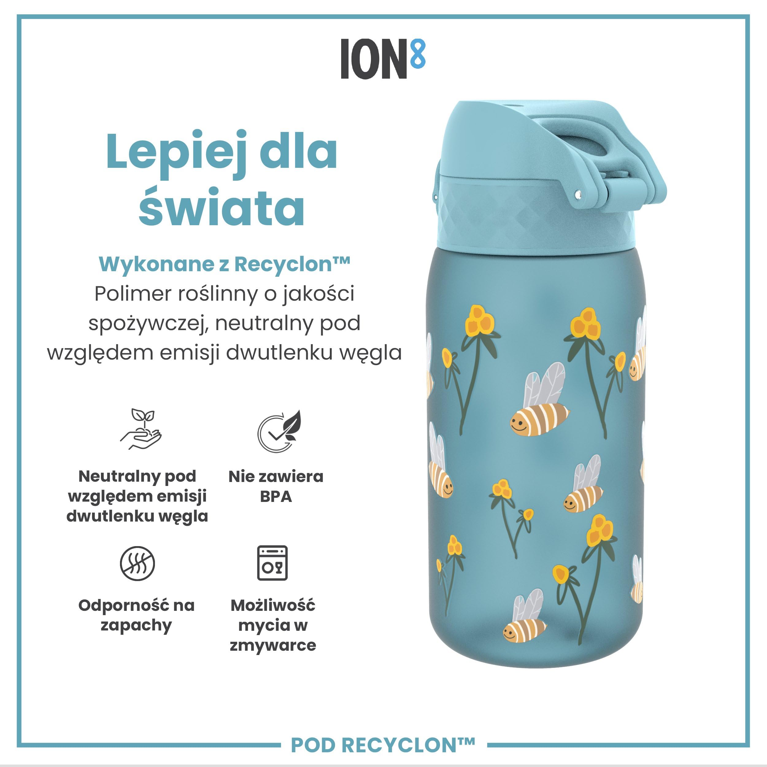 ION8 Butelka dla Dzieci, 350 ml/12 oz, Szczelna, Łatwa do Otwarcia, Bezpieczny Zamek, Można Myć w Zmywarce, Bez BPA, Uchwyt do Przenoszenia, Łatwa do Czyszczenia, Bezwonny, Trzmiele