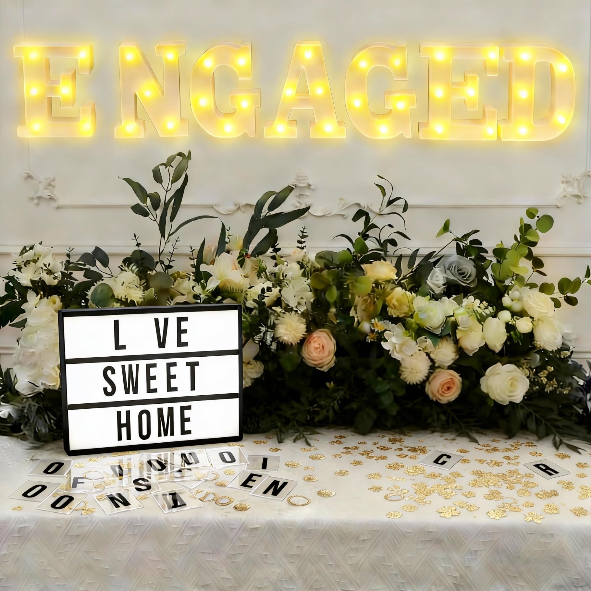 Juego de 9 piezas de decoración de fiesta de compromiso con 7 letras LED comprometidas, caja de luz retro con 96 letras y personajes, y confeti brillante para decoración de propuesta de boda