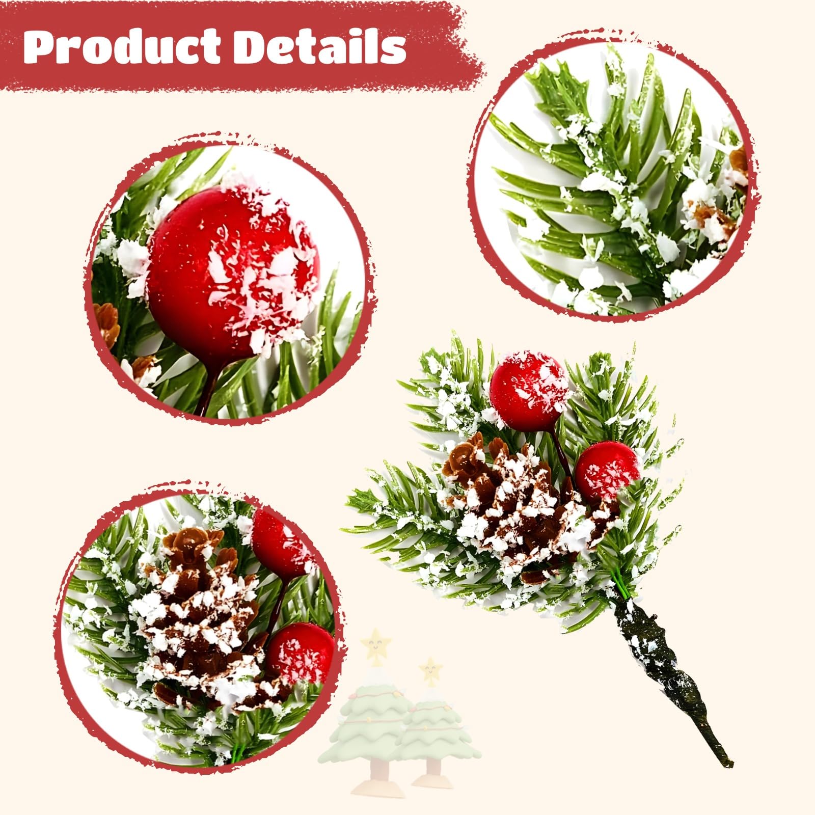 48 Stück Weihnachts Tannenzweige mit roten Beeren, künstliche Kieferzweige als Dekostäbe, für Weihnachtsbaum, Kranz und Girlande, winterliche Grünzweige für festliche Innen und Außendekoration