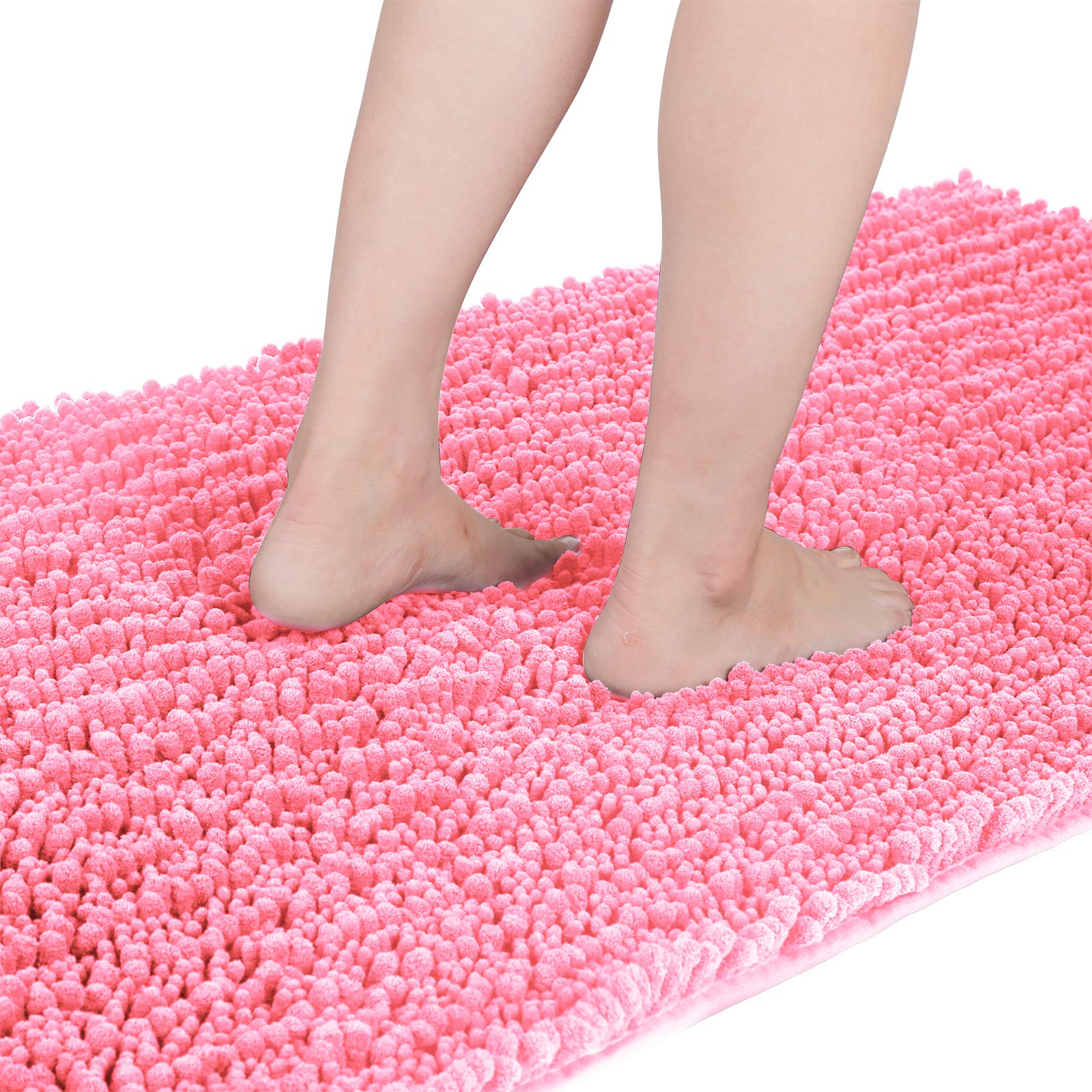 Yimobra Original Luxury Chenille Bath Mat, 55.1 x 24 Inches, Soft Shaggy and Comfortable, Large Size, Super Absorbent and Thick, Non-Slip, Machine Washable, Perfect for Bathroom, Pink