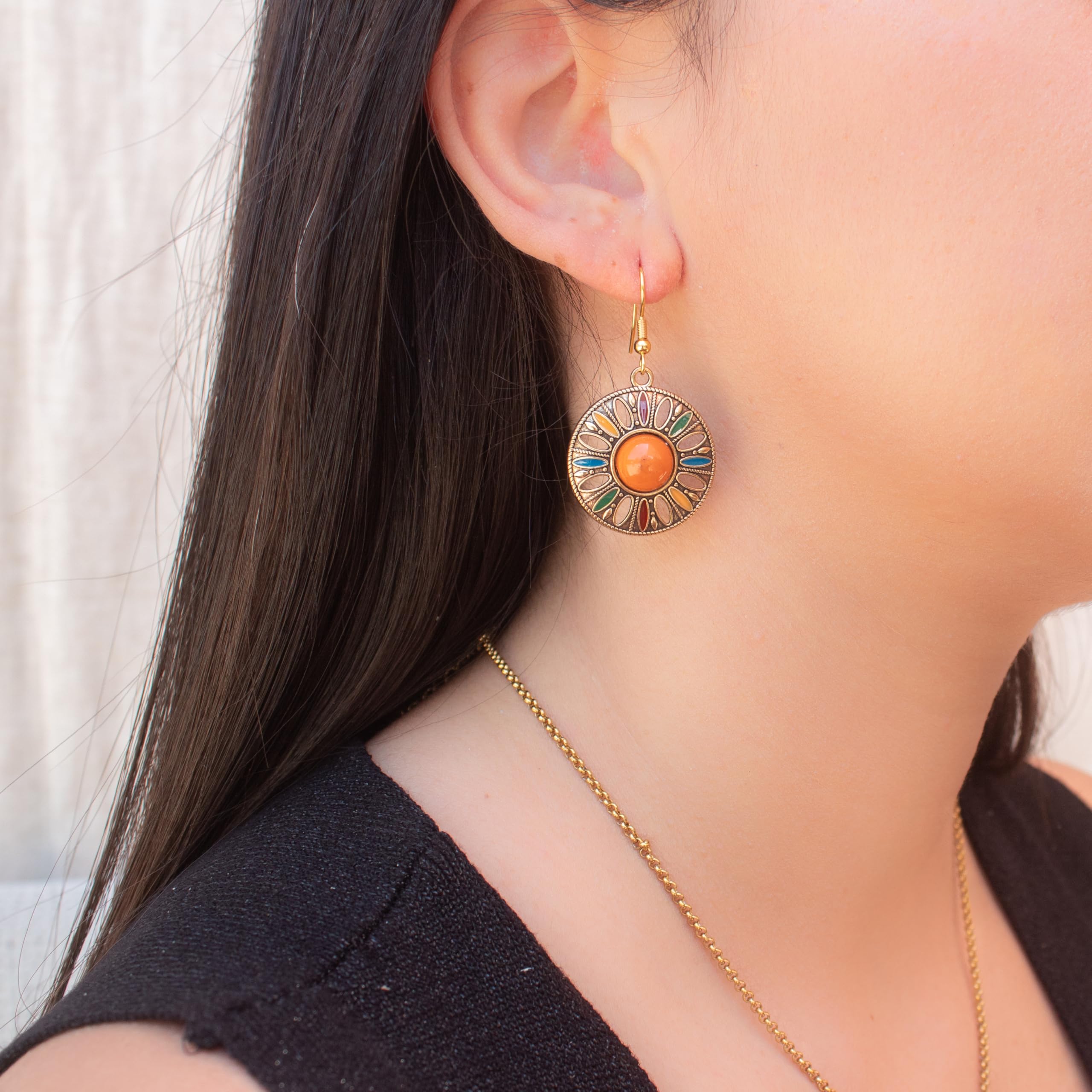 ZARZAMORA Pendientes Bohemio Vintage Plata Tibetana Acero Inoxidable Colgantes Redondos Esmaltados Colorido Regalo Original