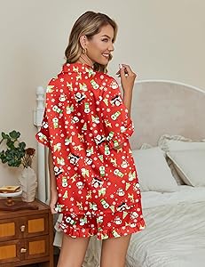Ekouaer Silk Satin Pajamas for Women Print 2 Piece Button Down Pjs Shorts Set Ruffle Sleepwear