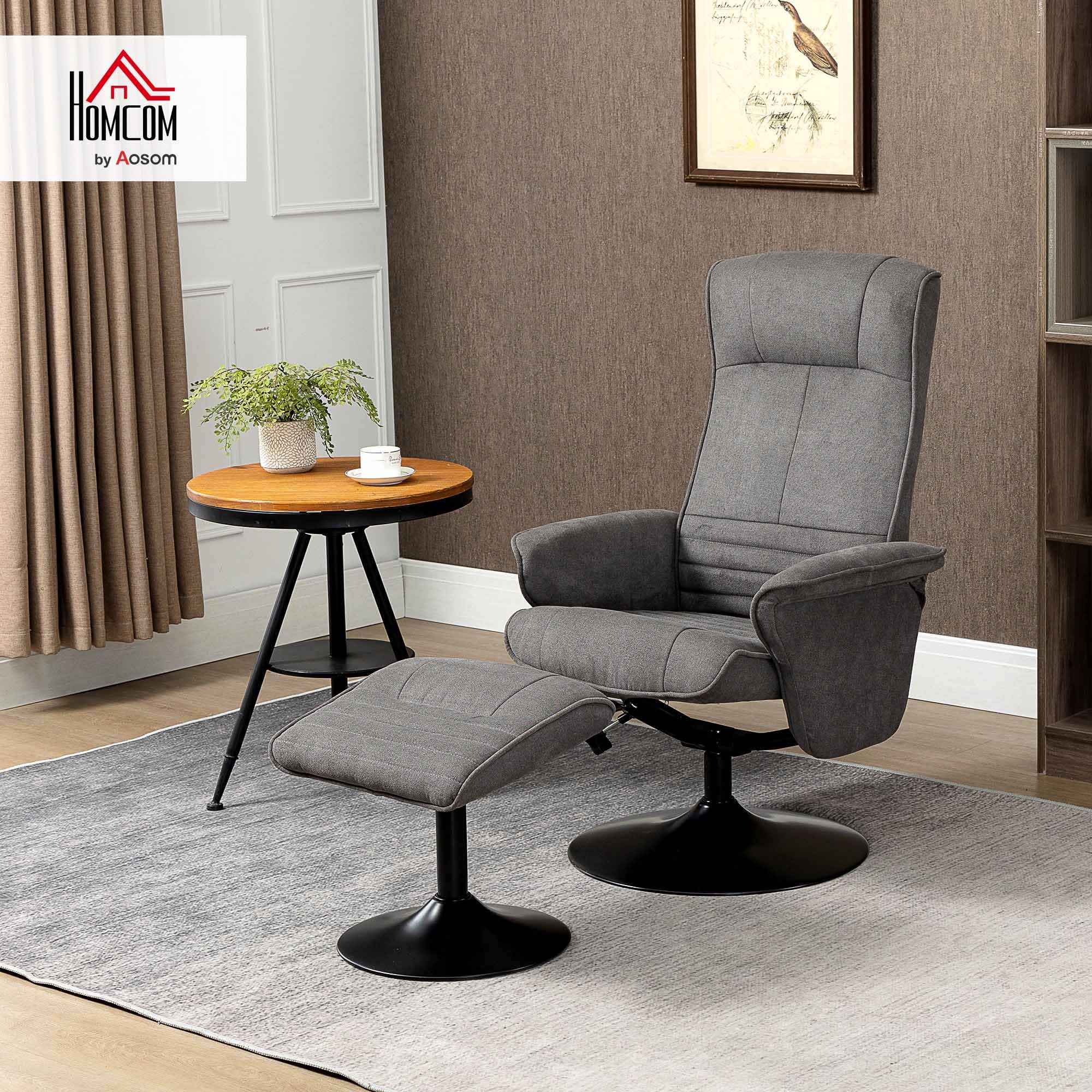 HOMCOM Relaxsessel mit Hocker, 360°drehbarer Fernsehsessel mit Liegefunktion Gepolstert TV Sessel mit Samtoptik für Wohnzimmer, Dunkelgrau
