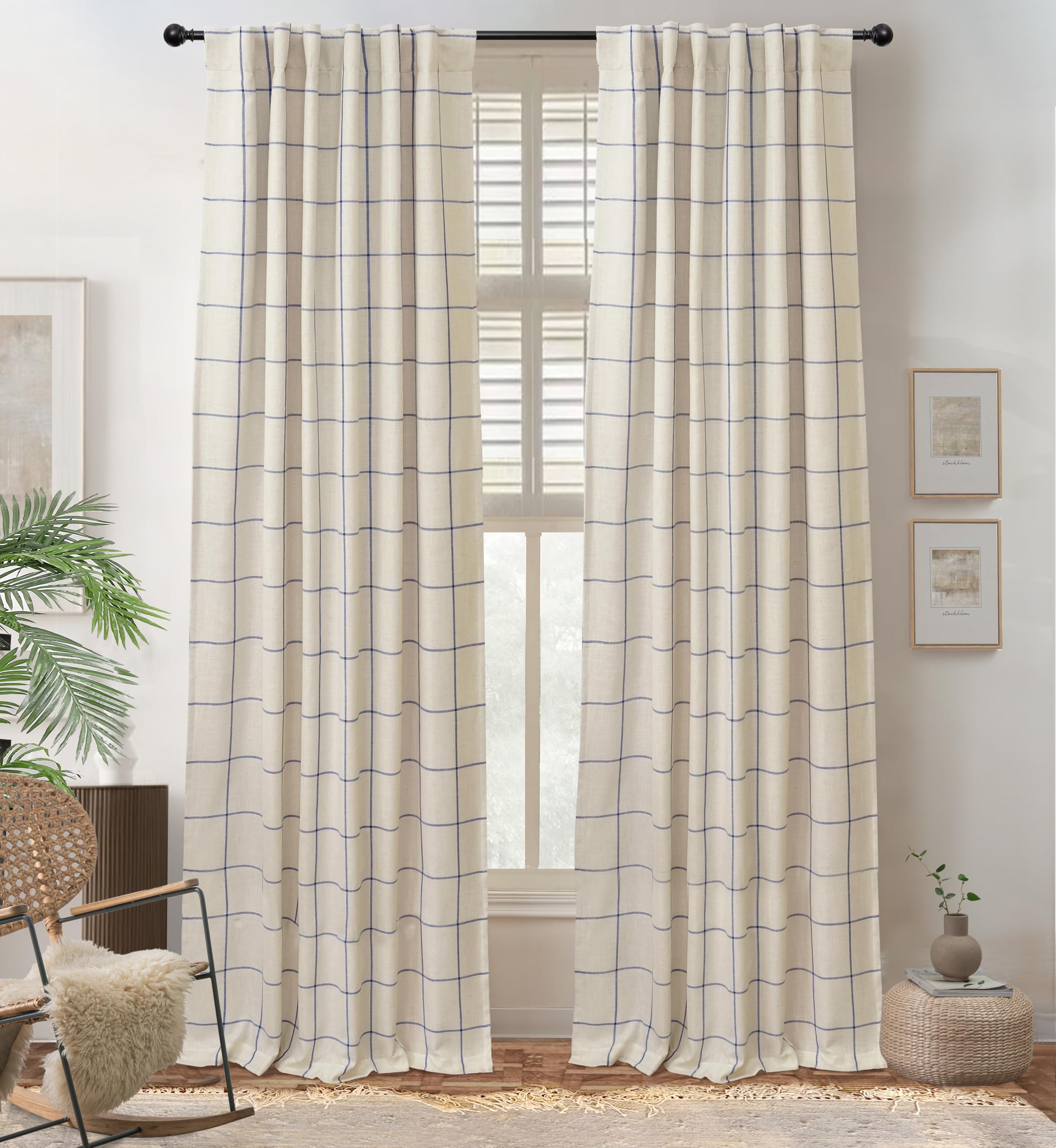 DriftAway 100% Blackout Windowpane Plaid Linen Curtains Double Layer Farmhouse Drapes 108 Inches Long for Living Room Bedroom Yarn Dyed Woven Thermal