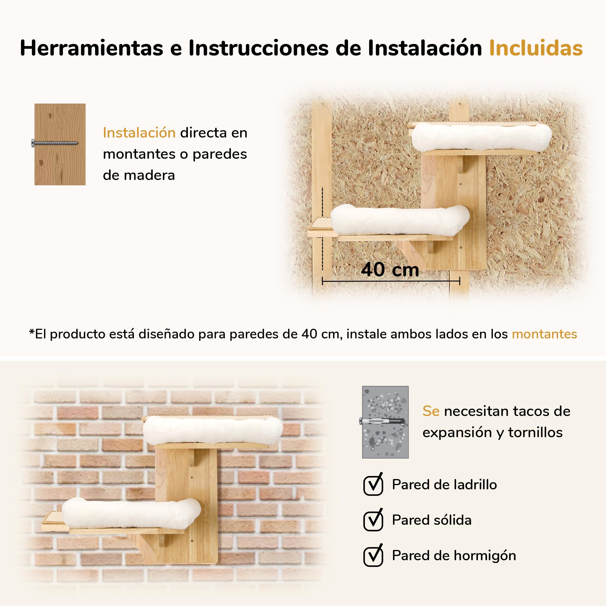 FUKUMARU Estantes de pared para gatos, 2 plataformas, muebles de pared para gatos, estante flotante en forma de árbol con cojín suave, percha de madera maciza para gatos de 16 pulgadas, apto para