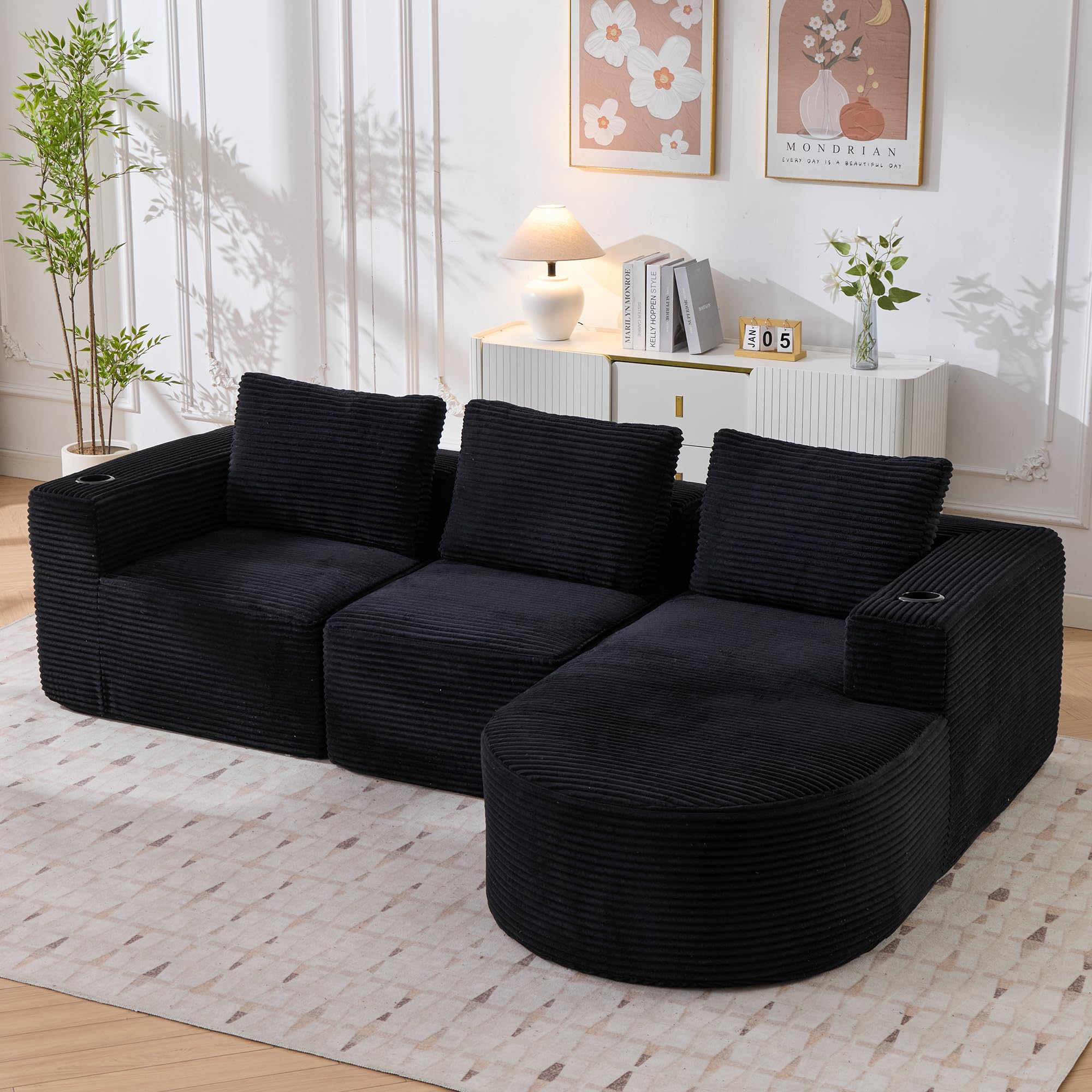 258cm Canapé d'angle en L, 3 Places, pour Salon et Appartement, Canapé Modulaire avec Méridienne en Courbe, 3 Coussins, Canapé Compressé en Velours Côtelé