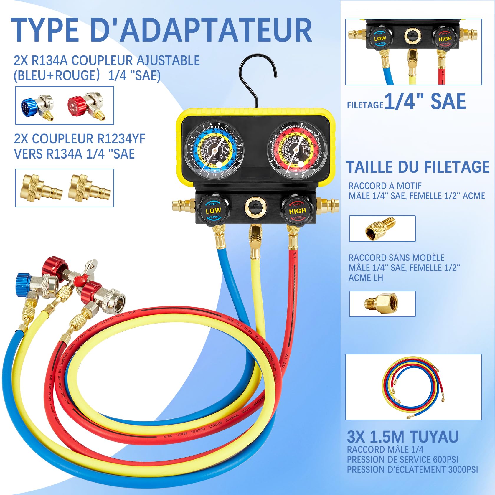 Pindex Manomètre pour Clim r1234yf Voiture pour réfrigérant R1234YF R134a R404A, Manomètre pour Réfrigérant Automobile avec 3x 1,5m de Tuyaux, pour la Charge de Réfrigérant AC de Voiture