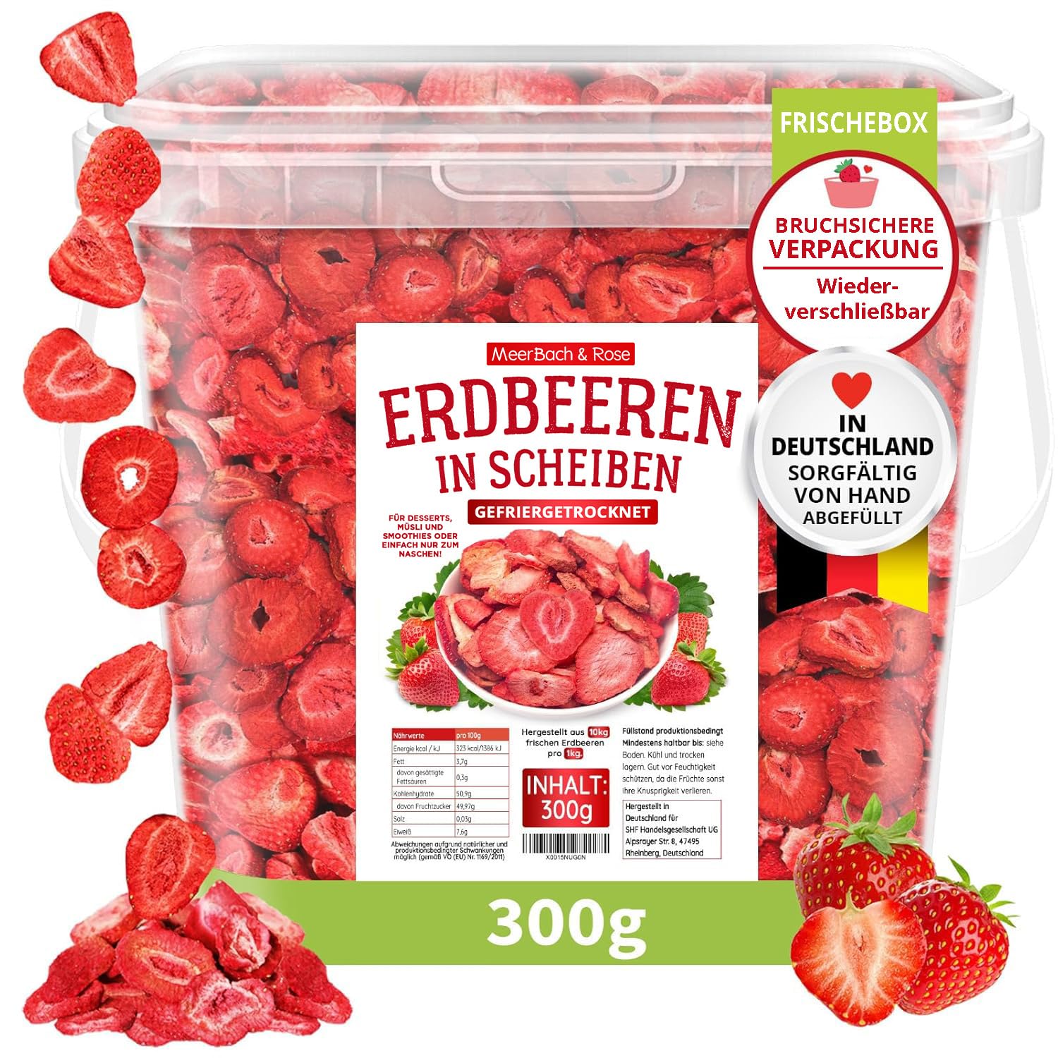 Gefriergetrocknete Erdbeeren 300g – 100% Frucht, ohne Zuckerzusatz – knusprige Erdbeerchips in SCHEIBEN – ideal für Müsli, Smoothie &amp; Backen. Meerbach &amp; Rose – Premium Qualität aus Deutschland.