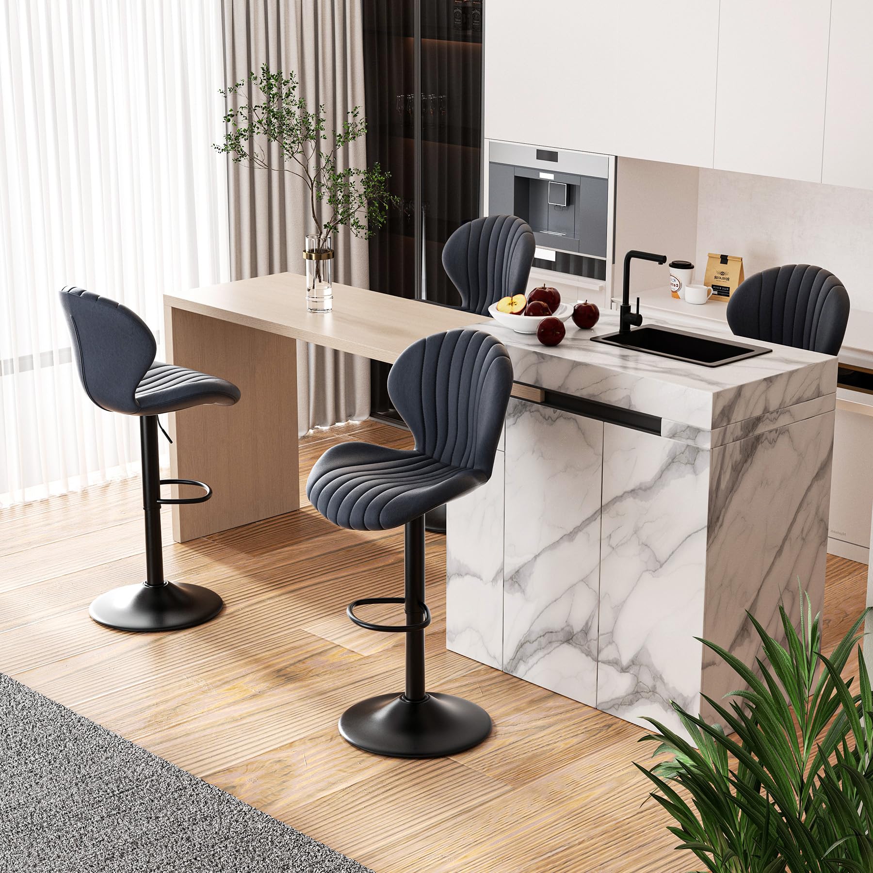 Hawthyhome Bar Stools Set of 4 |Modern Swivel Bar Chairs • High Backrest for Kitchen • Adjustable Swivel Gas Lift fabrics • Dark Grey
