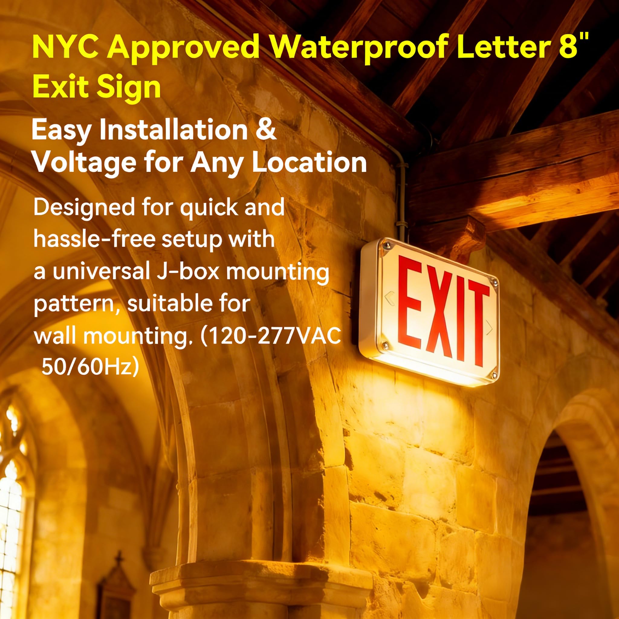 Señal de salida de emergencia impermeable aprobada por NYC con batería de respaldo, rojo, duración de 90 minutos, voltaje universal (120-277 VAC), letra de 8 pulgadas de altura, respaldo de