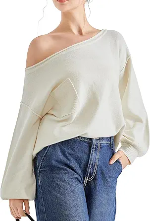 SUUKSESS Women Off The Shoulder Fall Sweaters Long Sleeve Boat Neck Oversized Pullover Sweater Tops