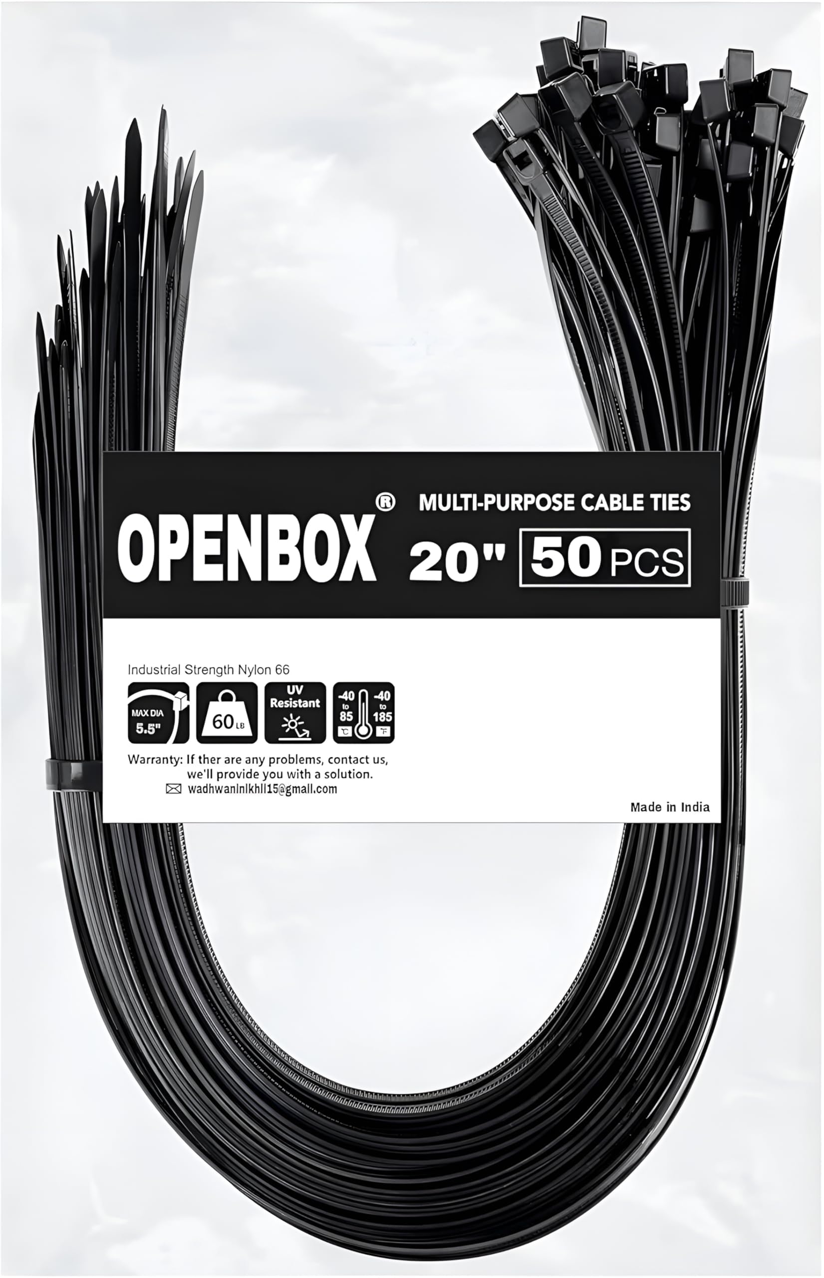 OPENBOX Zip Ties 20 inch with 50 Kg Tensile Strength, Heavy Duty Self Locking Cable Ties Black. (20 INCH 500MM x 5MM), 50, Count)-image-24