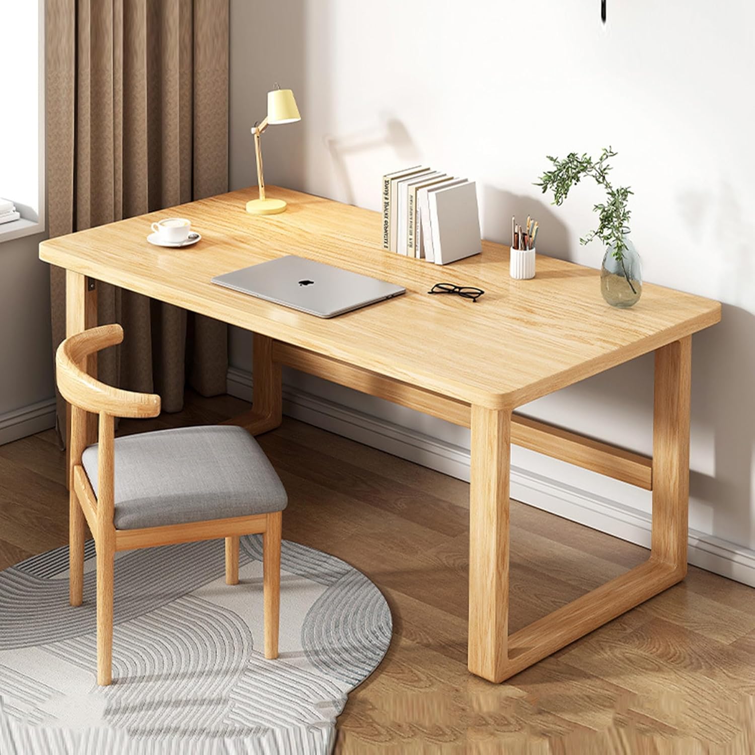 FUKEFUZ Large Gaming Desk, home office desks with Solid Wood Legs and Chair desk set – computer desk with U-Shaped Legs, Reinforced Crossbeam – Ideal for Bedroom, Student(Natural,39.4*21.7*29.5in)