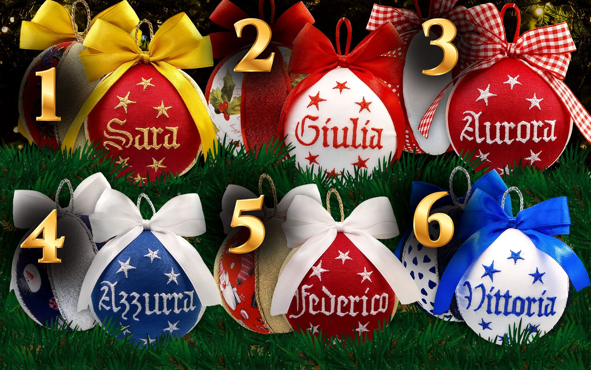 Set di 4 palline di Natale personalizzate con nome 8 cm – Decorazioni natalizie artigianali, pronte per regalo, confezionate singolarmente in eleganti scatole, Made in Italy