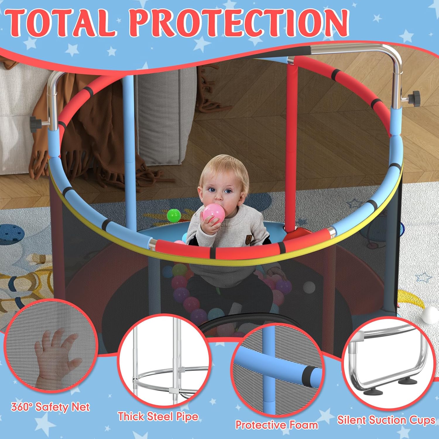 Trampoline for Kids, 55" Indoor & Outdoor Toddler Trampoline, Anti-Rollover Bottom Kids Toys with Adjustable Gymnastics Bars, Toddler Swing, Basketball Hoop