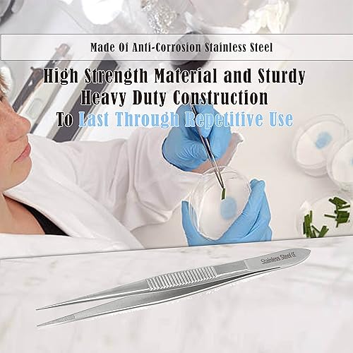 Miniatura 6 de Pinzas quirúrgicas de micro precisión con puntas dentadas, pinzas de laboratorio de acero inoxidable, puntas rectas de punta fuerte, 4.5 pulgadas,