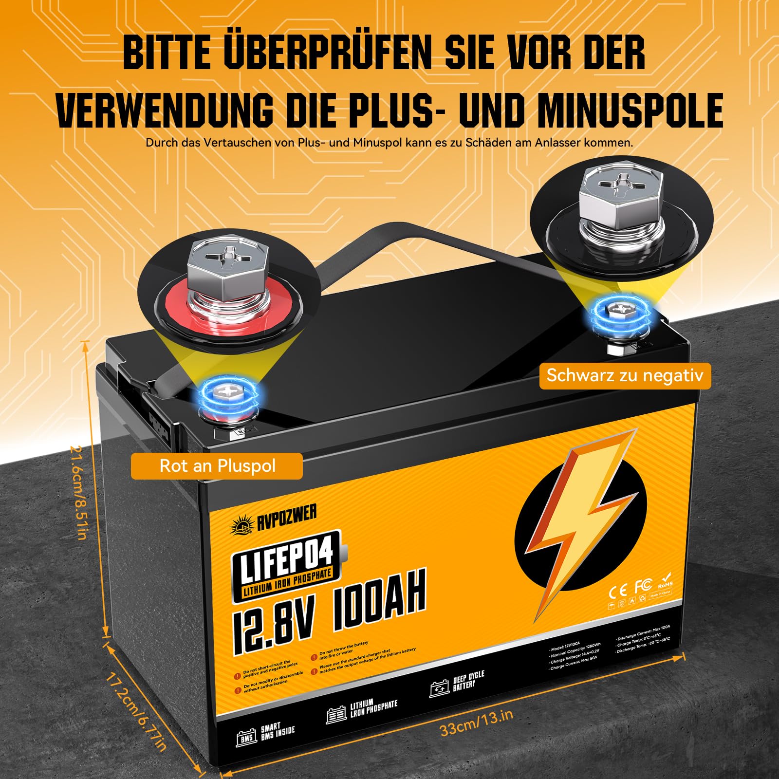 12V 100Ah LiFePO4 Batterie, Eingebauter 100A BMS, 18000 Tiefzyklen, Gruppe 31, Leichte Lithium-Eisenphosphat-Batterie für Hausenergie, Wohnmobil, Trolling-Motor, Marine, Solar, Off-Grid