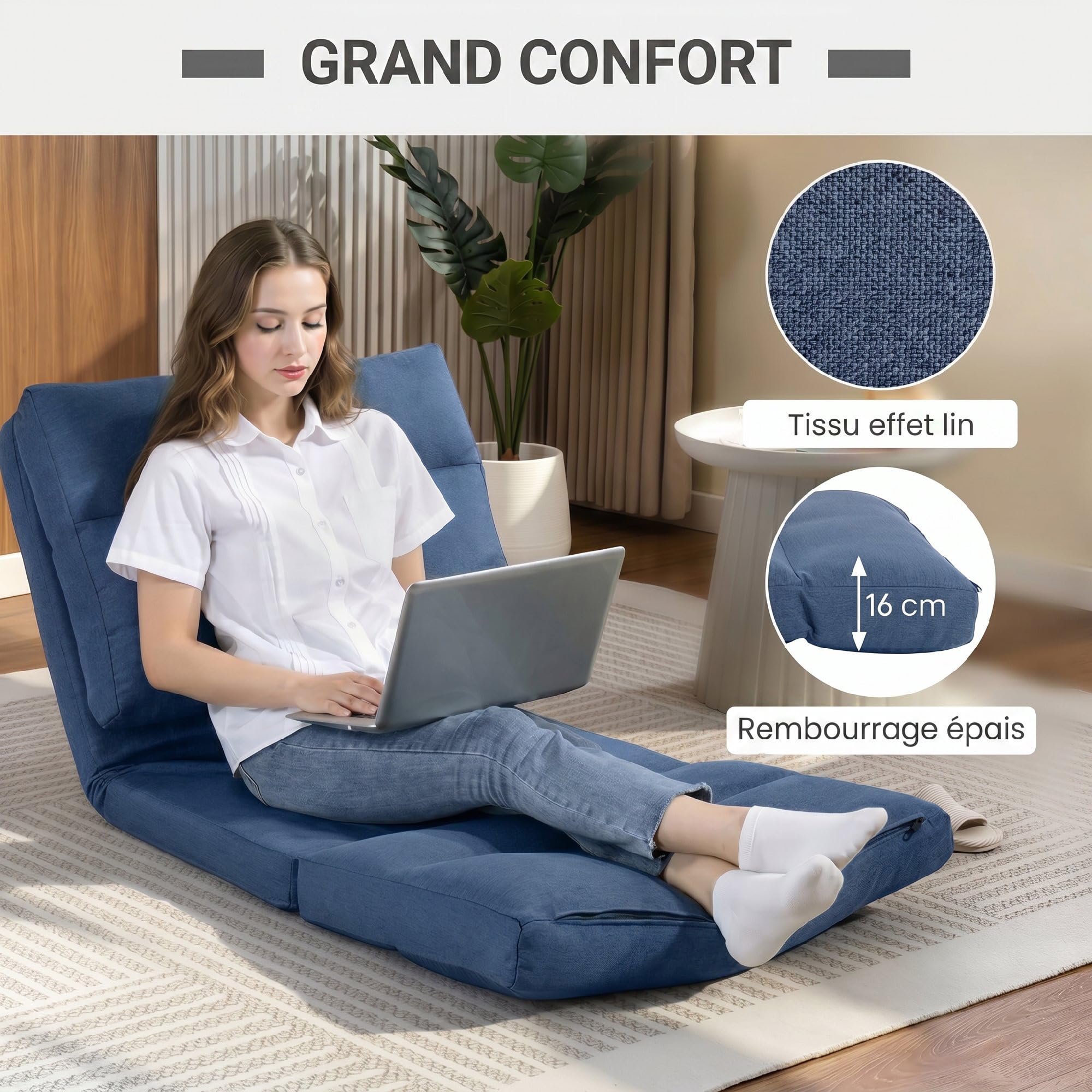 HOMCOM Canapé Paresseux Chauffeuse 1 Place, Fauteuil Paresseux Convertible en Lit, Fauteuil Salon avec Dossier Inclinable sur 5 Positions, Charge 120 kg, pour Salon Chambre Bureau, 70x72x56cm, Bleu