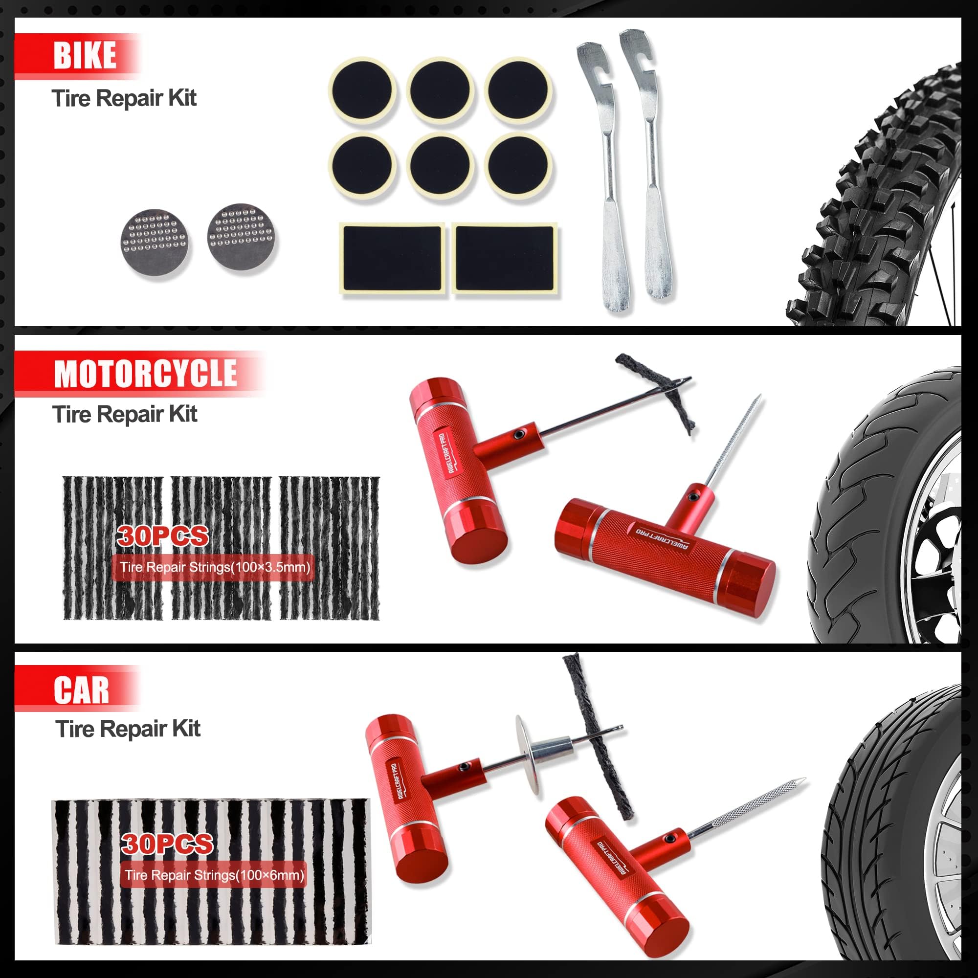 AWELCRAFT Kit de Reparación de Neumáticos de 108 Piezas – Caja de Herramientas Resistente para Camión, Coche, Tractor – Tapones para Pinchazos con Mango en T, Alicates, Herramienta de Válvula 4 Vías