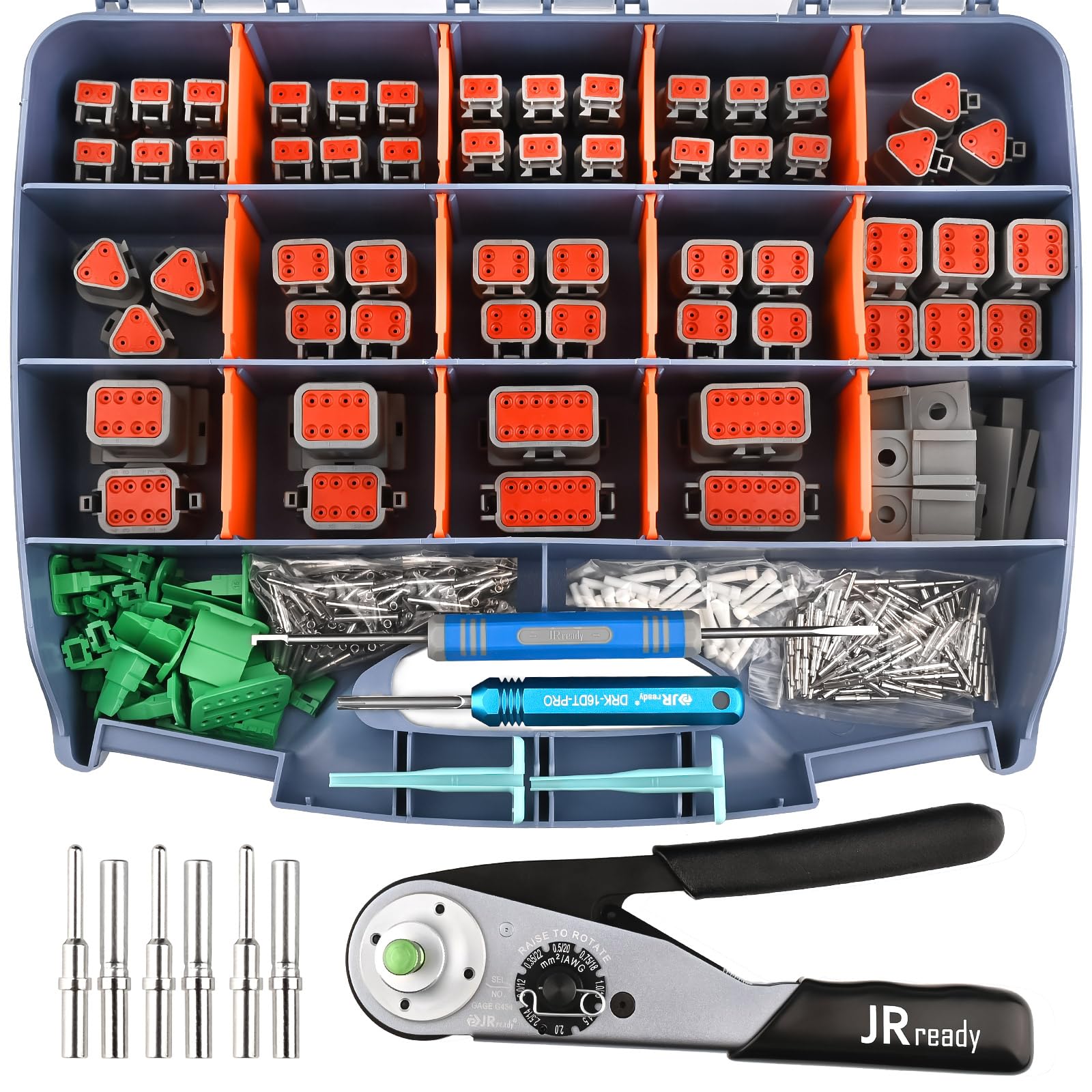 JRready DW5010 Deutsch Steckverbinder Kit mit Crimper, 2 3 4 6 8 12 Pin IP68 wasserdichte Steckverbinder mit Deutsch Crimpzange ACT-M202 für 12-22AWG, Größe 16 solide Kontakte, DT Steckverbinder