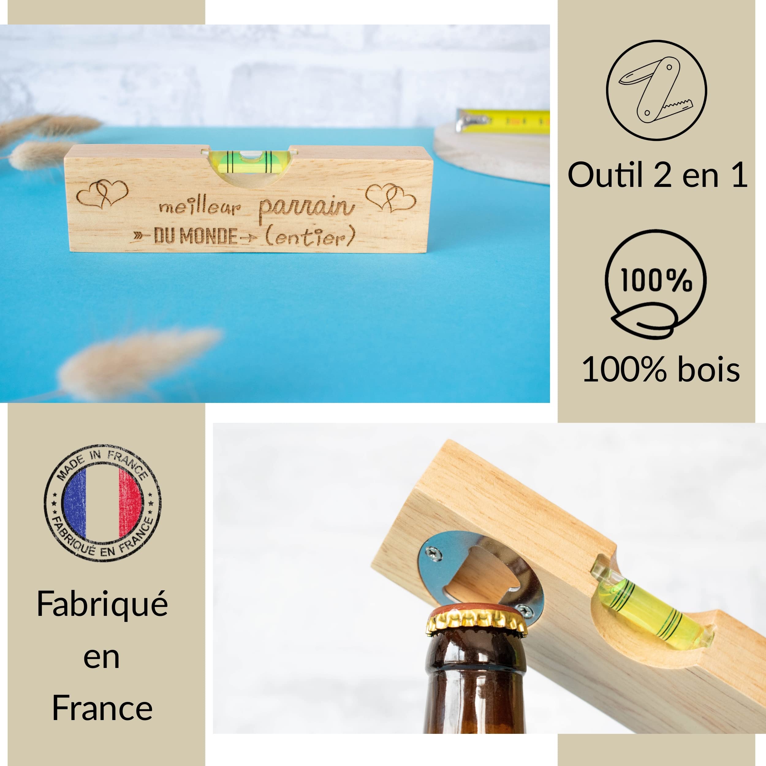 Décapsuleur Et Niveau à Bulle 2 En 1 En Bois Gravé - Cadeau Original Pour Parrain, Bricoleur, Fête Des Pères - Modèle Ernestine