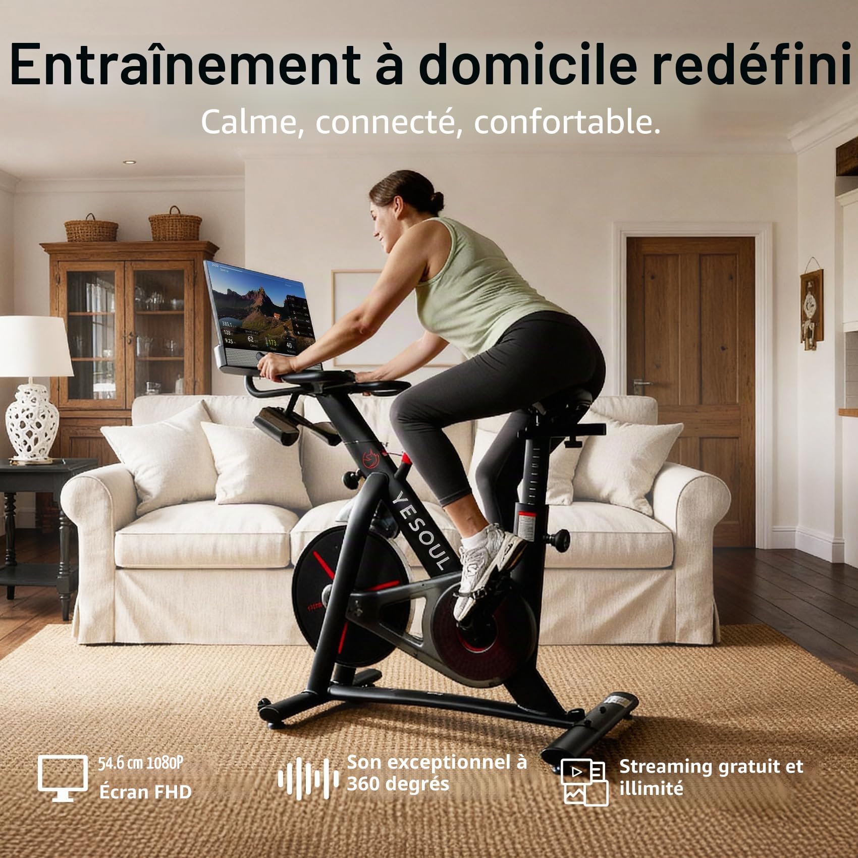 YESOUL G1M Plus Vélo d'appartement magnétique silencieux écran FHD 21,5 pouces son 360° vélo de fitness