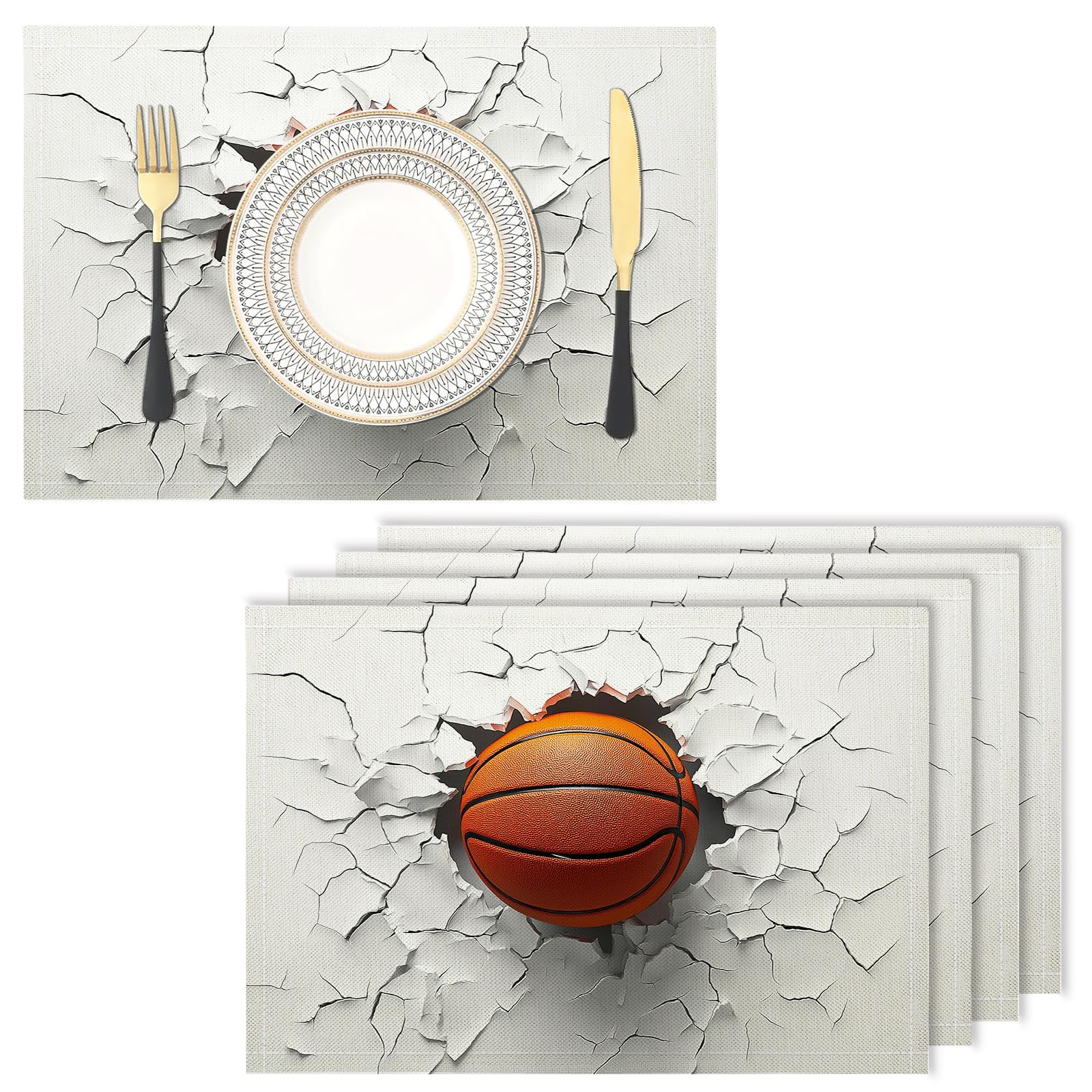 Placemats Washable Set of 4-30 x 45 cm 3D Placemats, basketball Cotton Linen Hemstitch Place Mats for Table, Kitchen, Dining