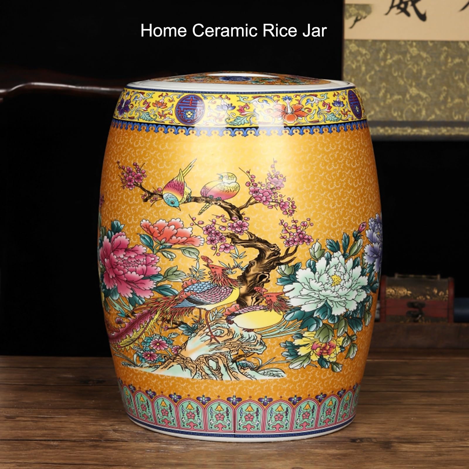 Ceramiczny zbiornik ryżu, Ceramiczny słoik na ryż z zamkniętą pokrywką, wielokolorowy, wiele rozmiarów, na fasolę, kukurydzę, pszenicę, płatki owsiane(Gold,37x30cm/14.6x11.8in)