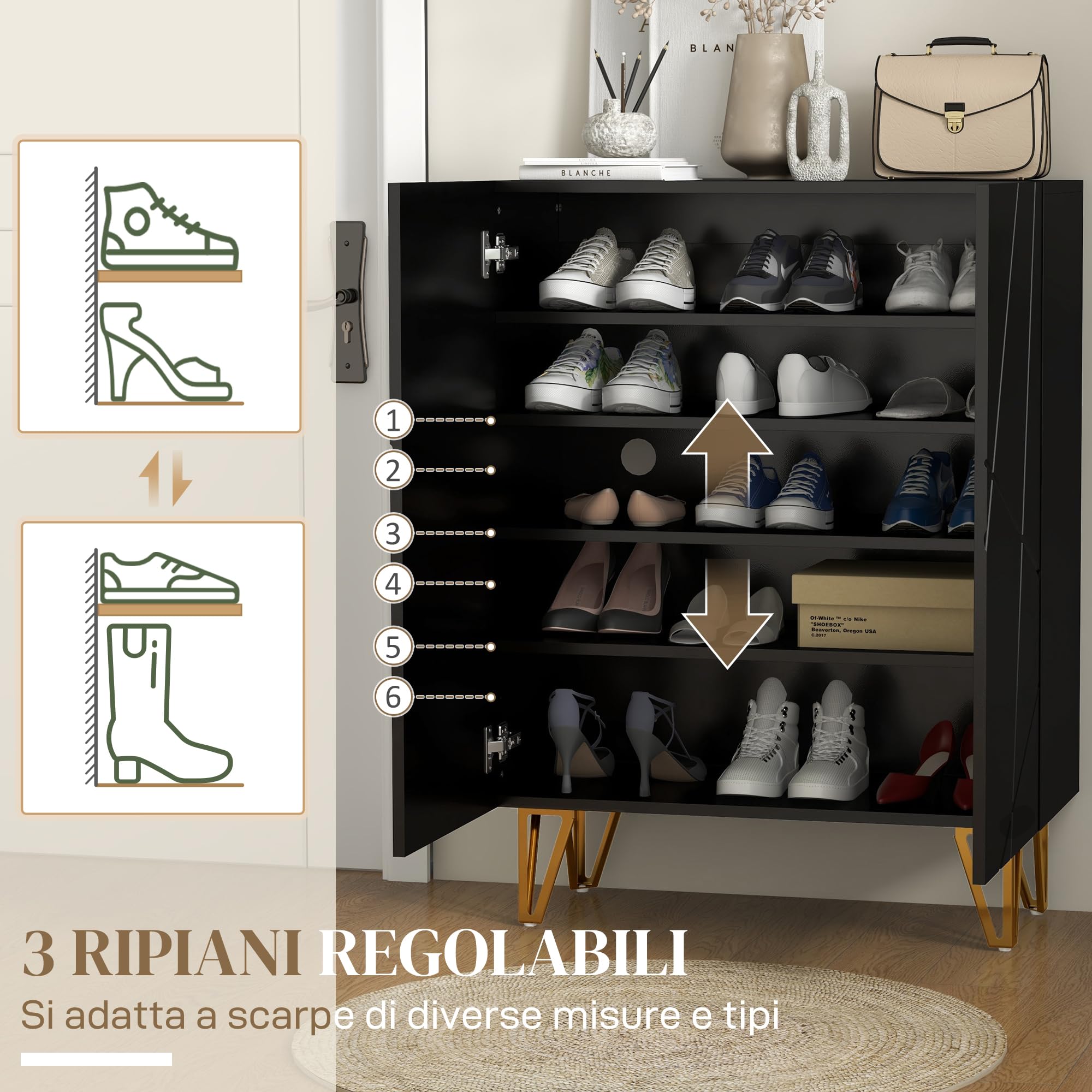 HOMCOM Scarpiera Salvaspazio per 15-20 Paia di Scarpe, Mobile Scarpiera a 2 Ante con Ripiani Regolabili e Chiusura Ammortizzata, Nero