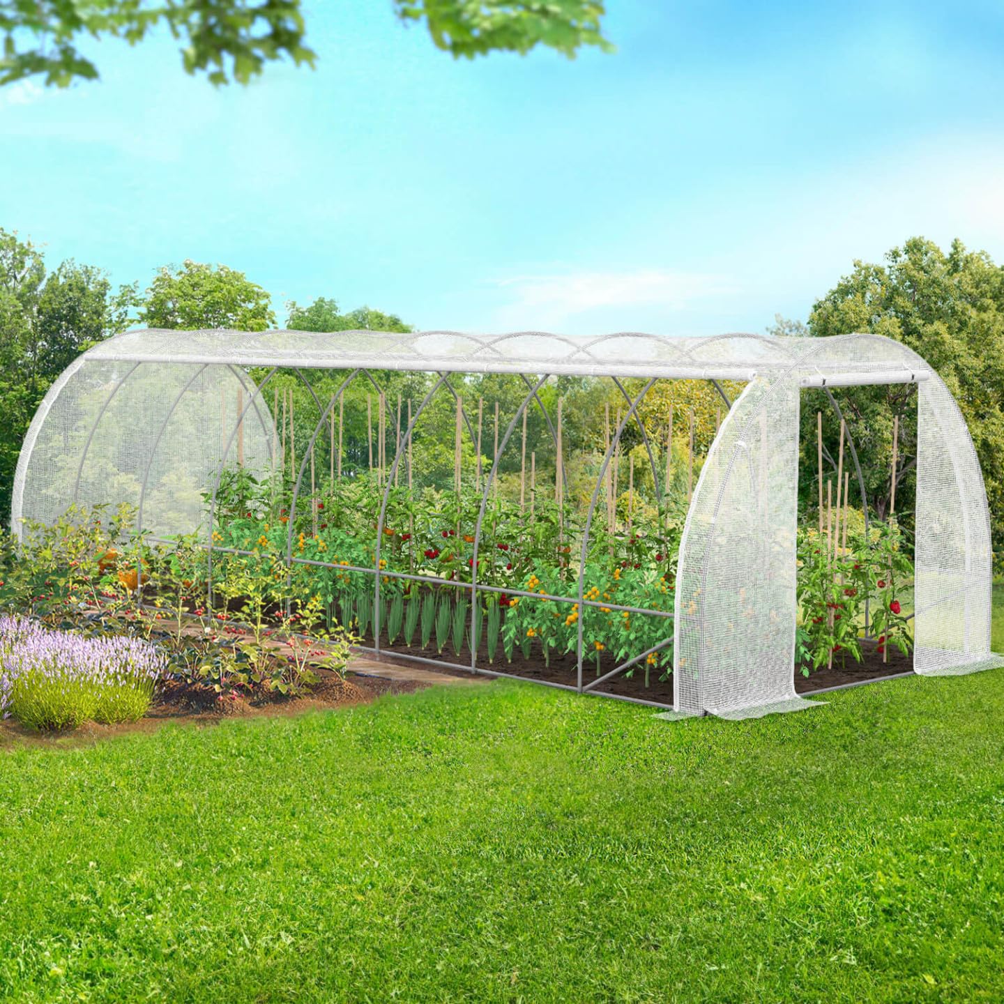 IDMarket - Invernadero de jardín túnel 24m² 8x3x2m acero galvanizado + lona UV con puerta y ventanas de los Andes blanca para todas las estaciones