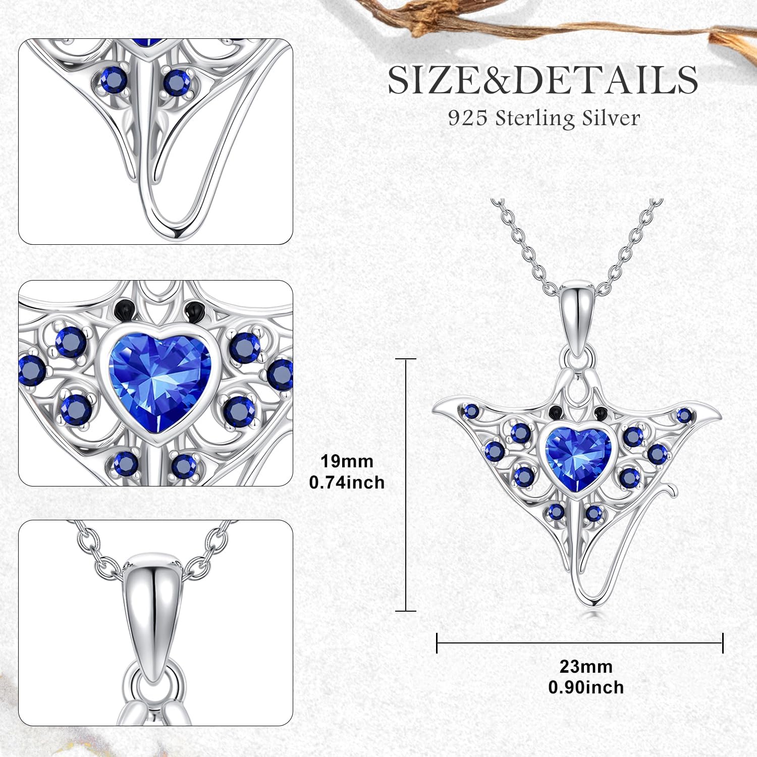 Stingray Necklace for Women 925 Sterling Silver Ocean Manta Ray Stingray with Created Blue Sapphire Pendant Necklace - Image 3