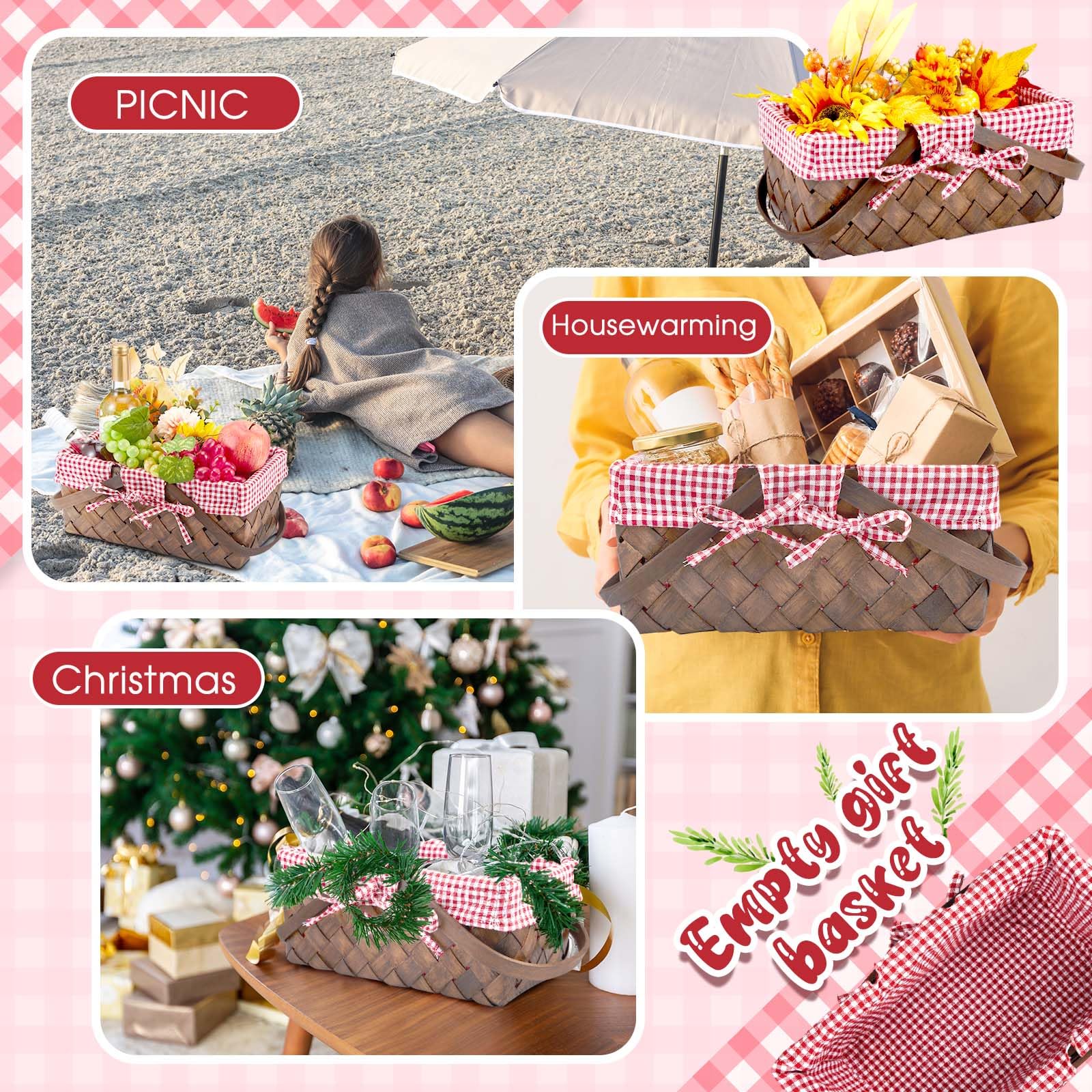 Sintuff Picknickkörbe mit Griff, handgewebter Erntekorb mit Gingham-Decke, Futter, Ostereier und Süßigkeitenkorb für Geschenke, Blumen, Eier, Süßigkeiten, Aufbewahrung, Organisation (Kaffeefarbe), 3