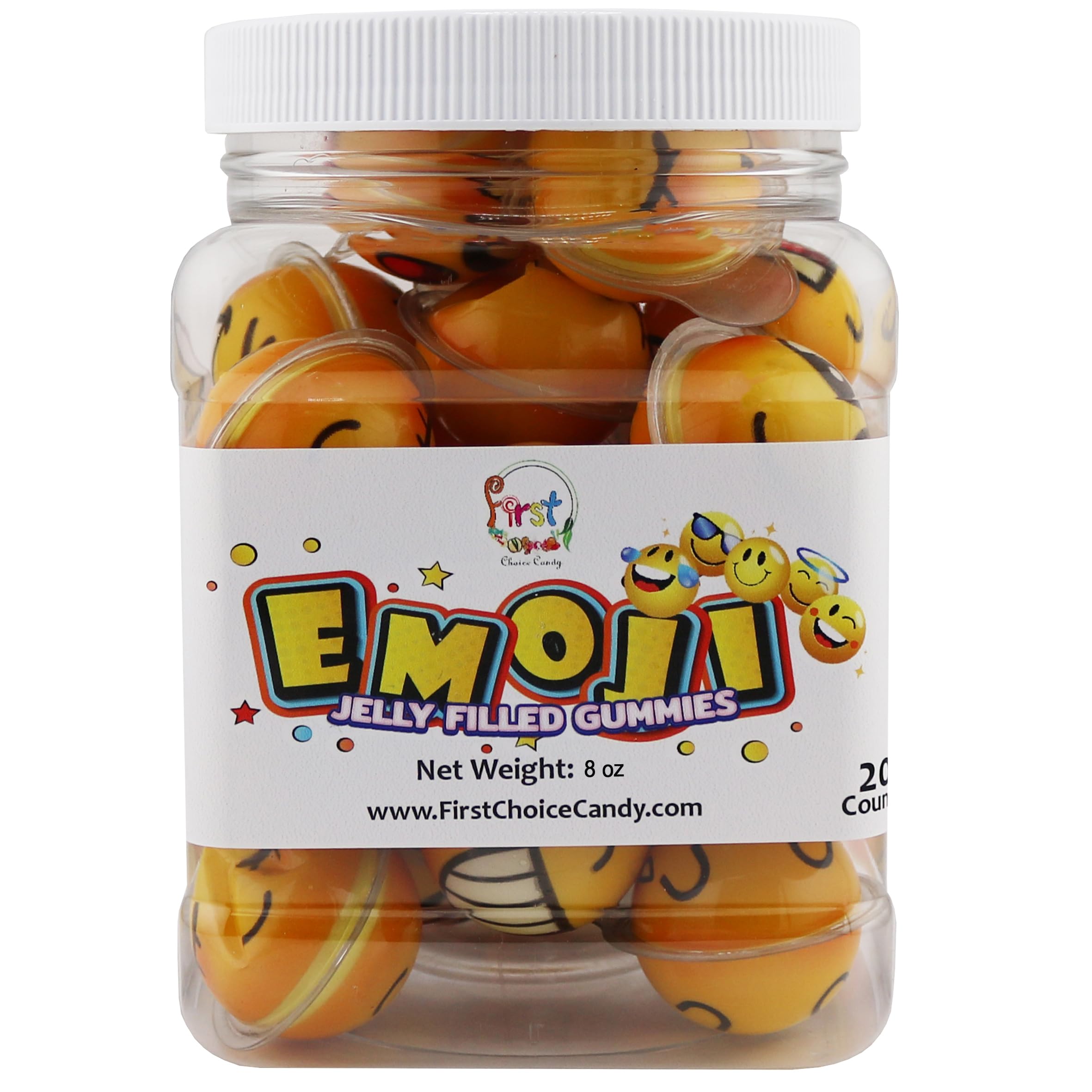 FirstChoiceCandy Jelly Filled Gummies - Assorted Flavor Gummy Filled Candies - Filled With Fruit Jams - 20 Pieces In Resealable Jar (Emoji)