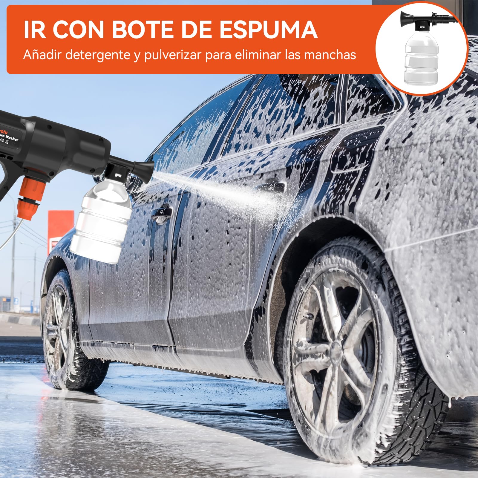 Hidrolimpiadora a Batería, Bravolu MAX 500 PSI Hidrolimpiadora de Alta Presión Portátil con Boquilla Multifunción 6 en 1 Negro