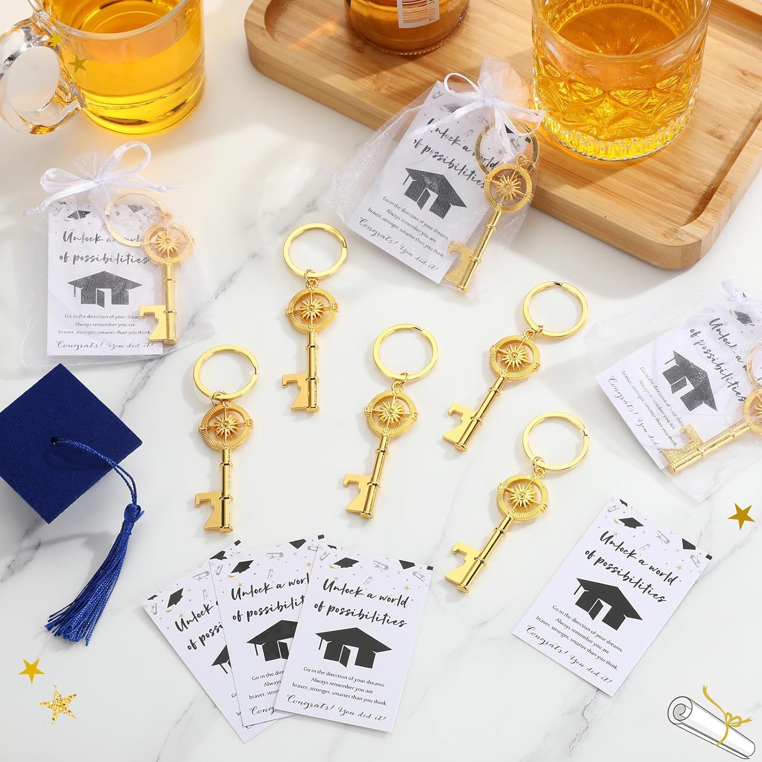Vesici 50 Set Graduation Party Favors Compass Bottle Openers Keychain Class of 2026 Graduation Gift Bulk with Card and Bag (Golden)