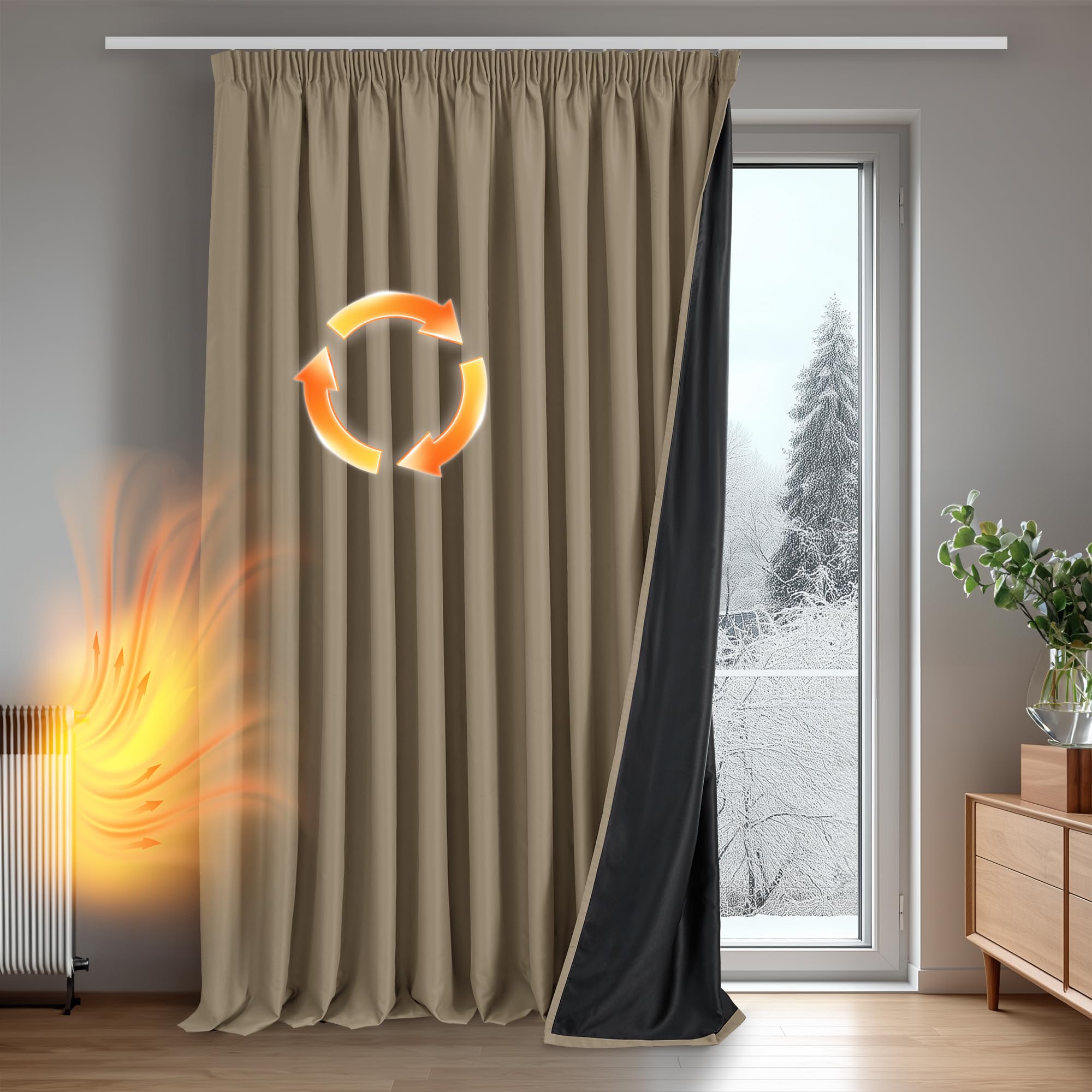 Deconovo 100% zasłony zaciemniające – zasłony do salonu z marszczoną taśmą – termiczne zasłony chroniące przed wysoką temperaturą, 300 x 245 cm, Caqui, 1 panel
