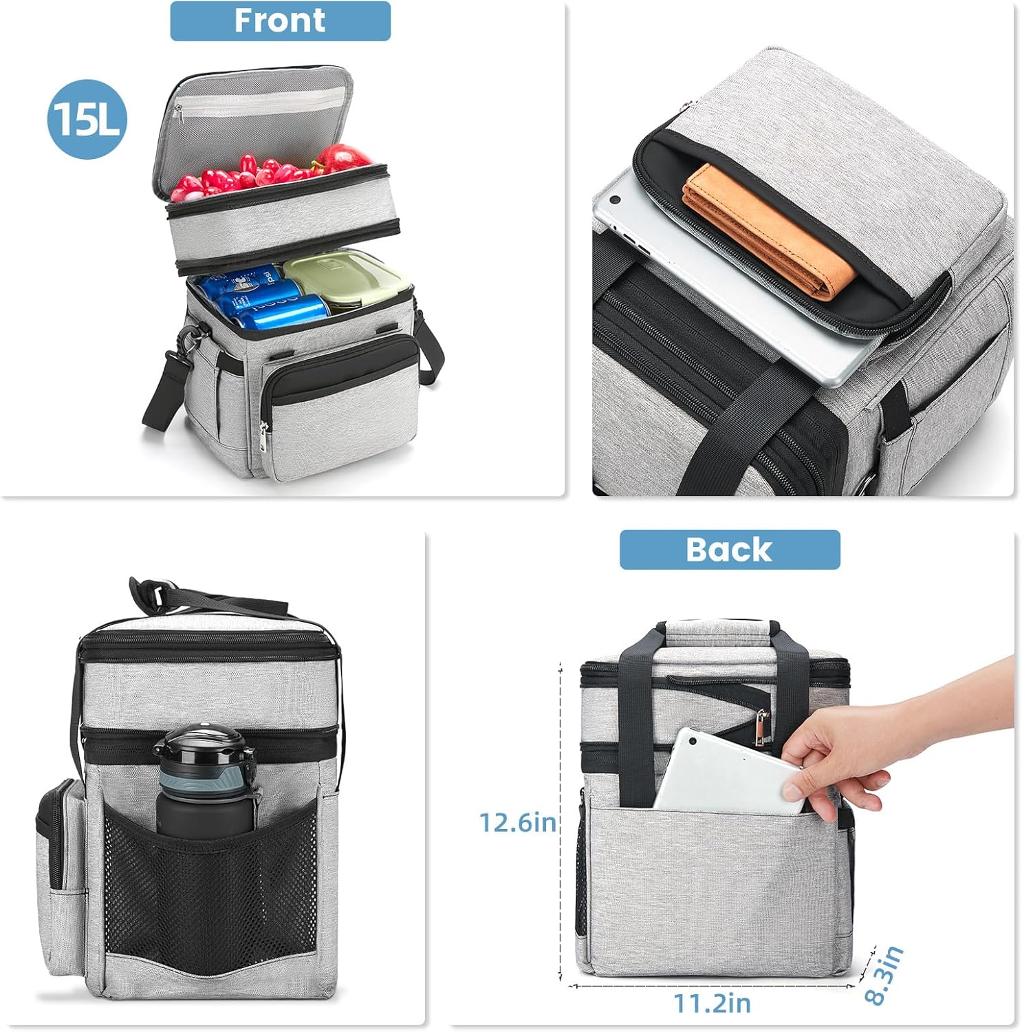 Insulated Lunch Bag & Lunch Box for Men - Double Deck Reusable Lunch Bag for Women Tote Cooler Bag Leakproof Soft Expandable - Large Lunchbox for Work/Adult/Picnic/Outdoor (Gray,15L) - Image 3