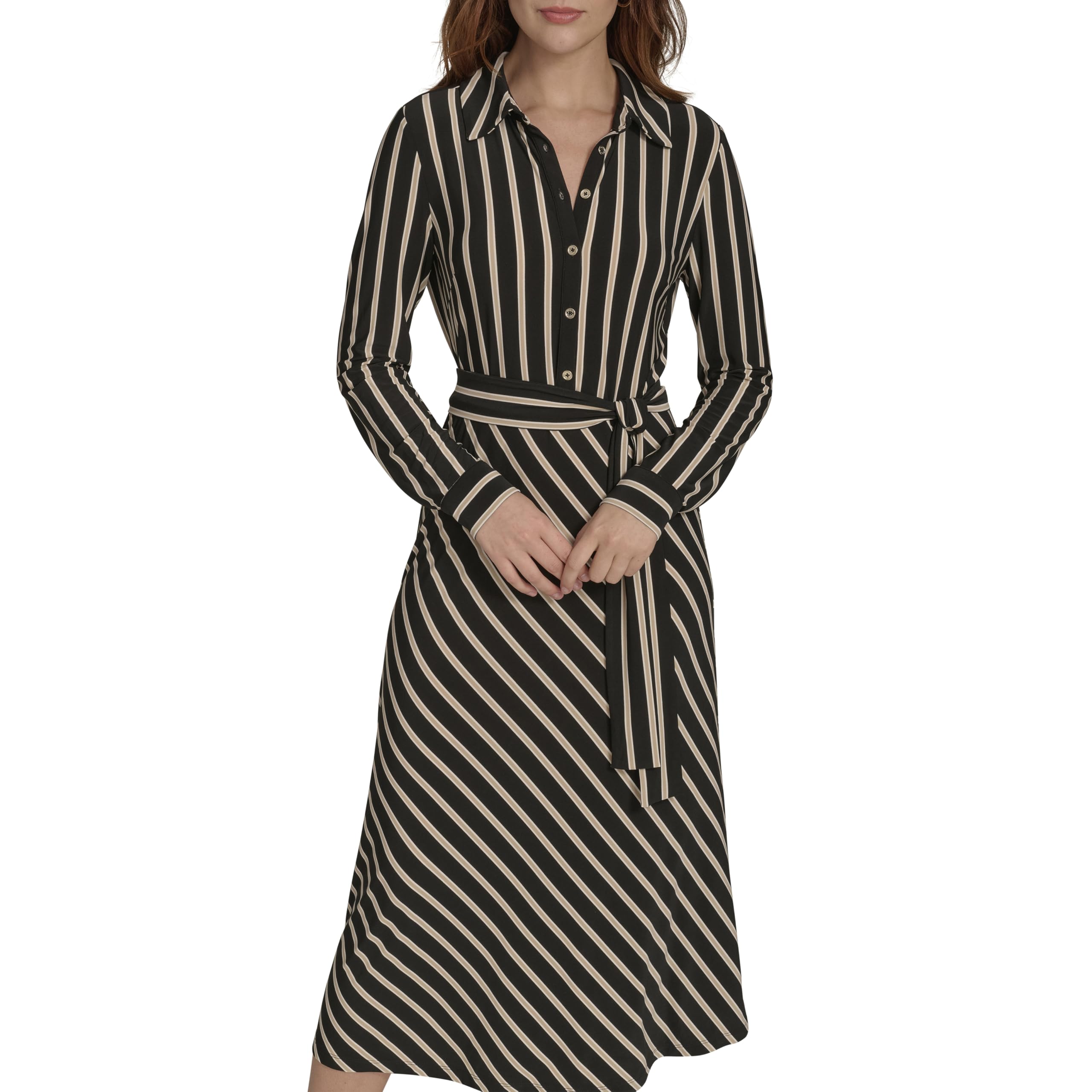 Tommy Hilfiger Womens Long Sleeve Collared Self Tie Midi Shirtdress, Black/Sand, 10