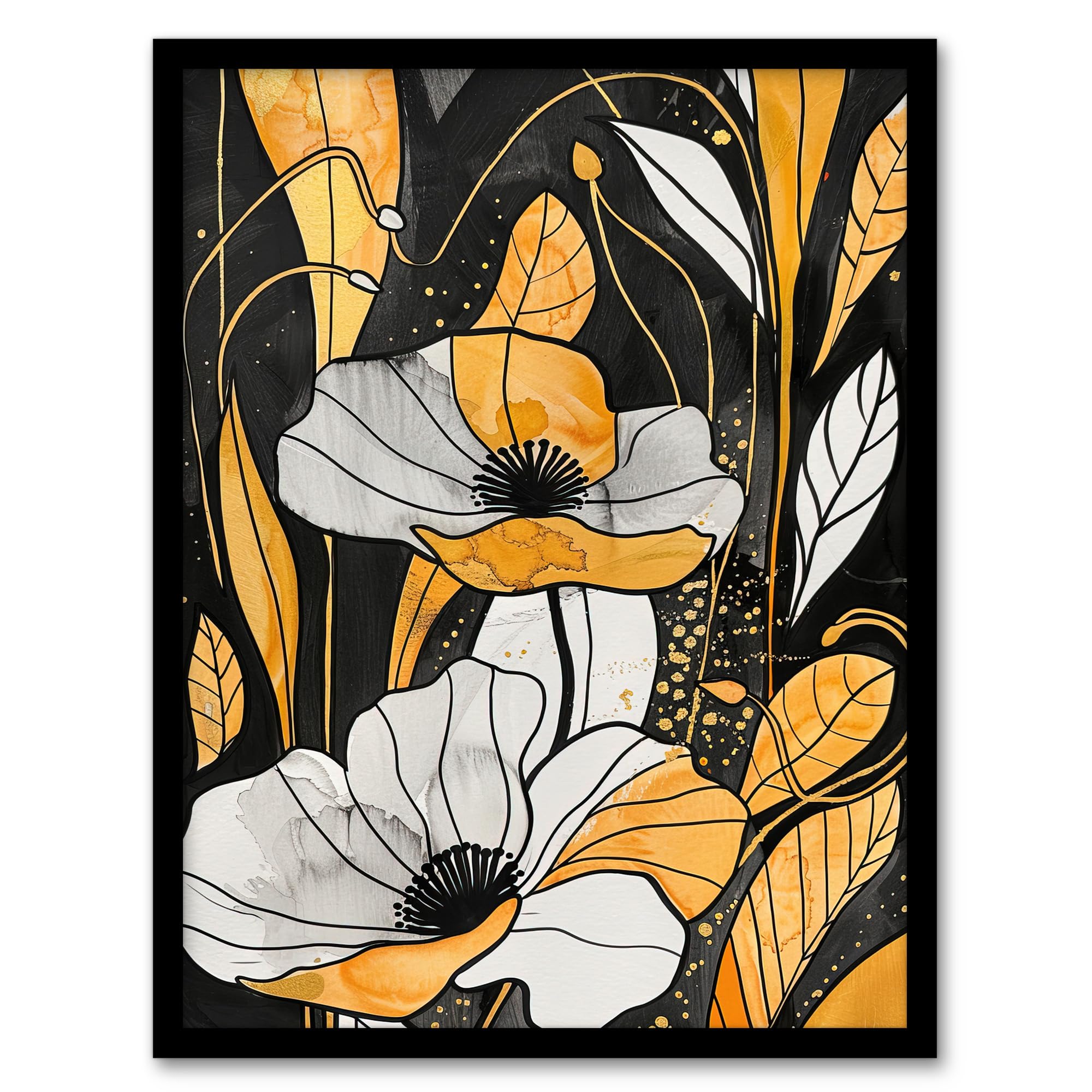 Artery8 Abstract Gold Black Poppy Flowers Floral Painting Living Room Artwork Framed Wall Art Print A4