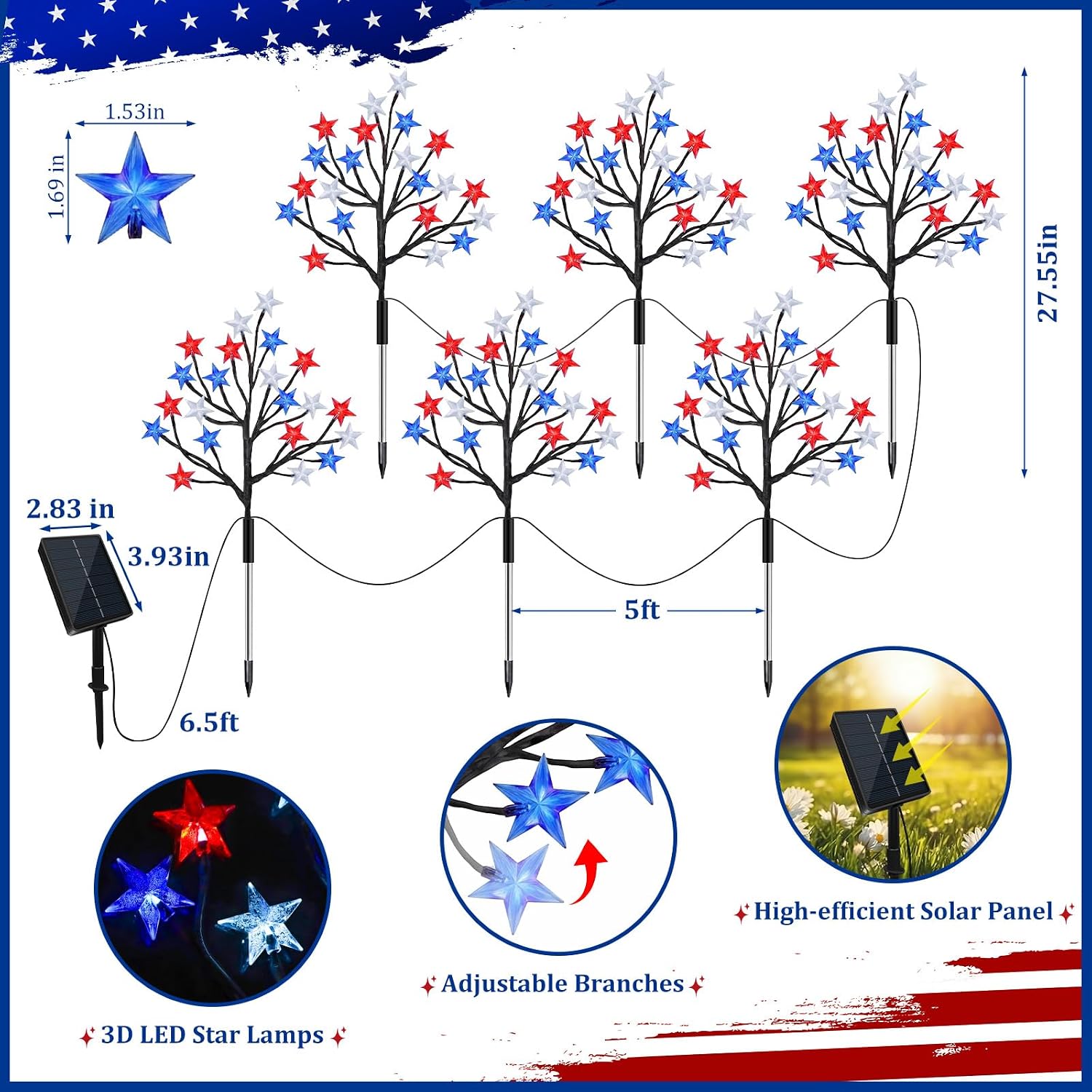 6 pack 4th of july decorations solar lights outdoor, 8 modes 126leds solar patriotic star lights with remote, waterproof red white and blue decorations light for memorial day yard garedn pathway