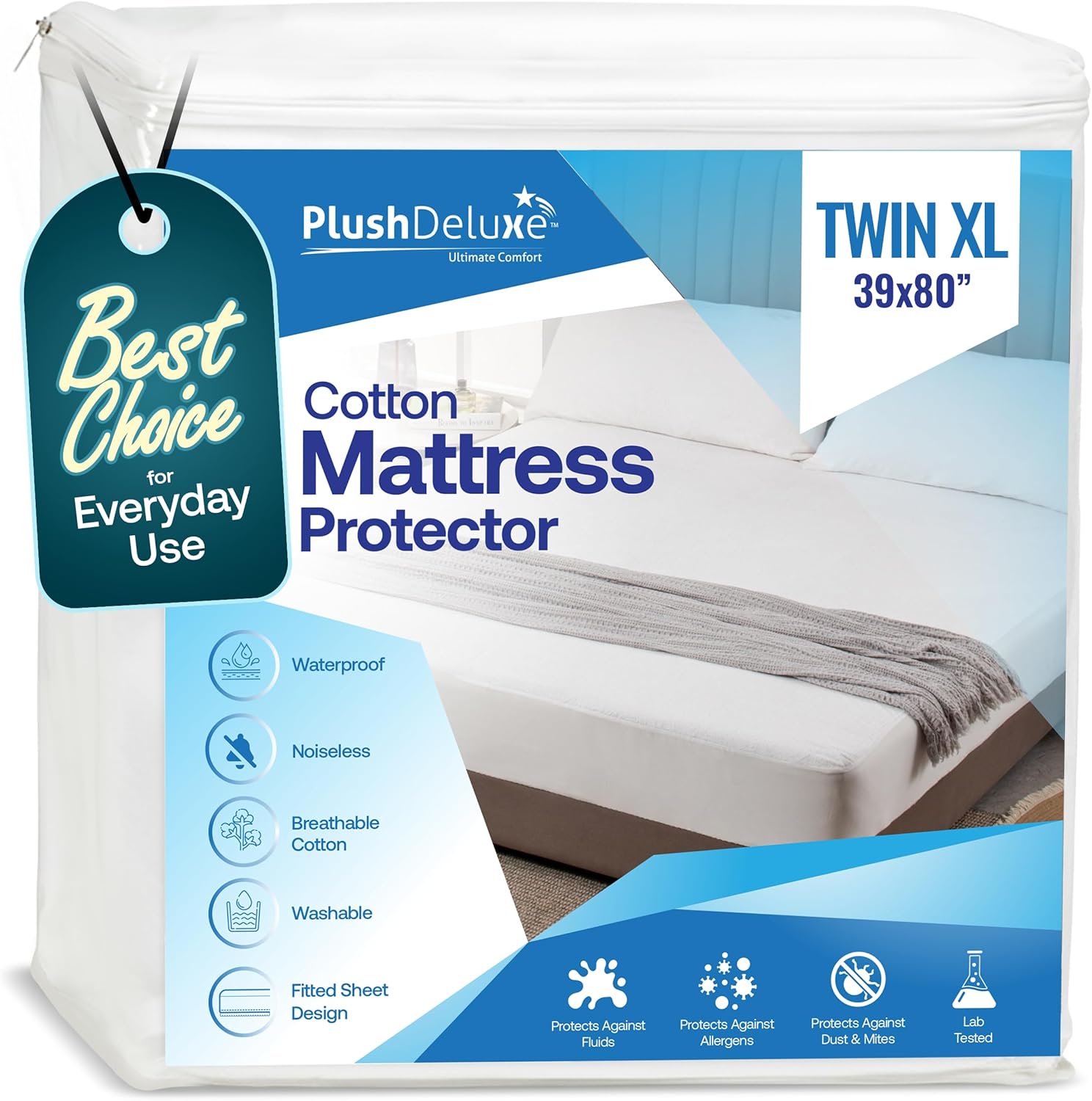 PlushDeluxe Twin-XL Cotton Mattress Protector – Waterproof Cover with Fitted Sheet Design – Soft and Durable Mattress Pad for Noiseless Sleep – Easy to Install and Clean