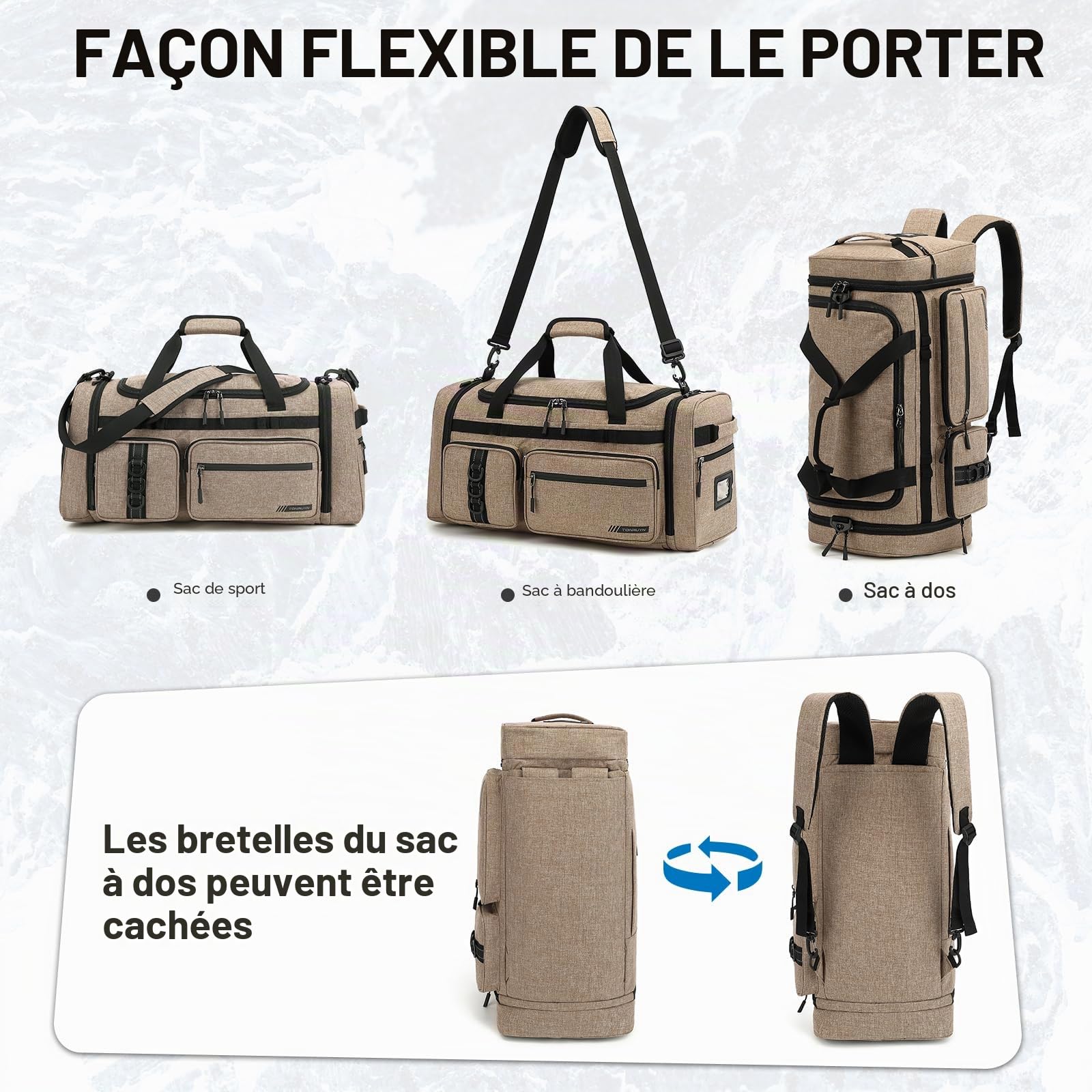 Sac de Sport Homme Femme 50L Sac de Voyage avec Compartiments Chaussures, Compartiment Isotherme et Humide Convertible en Sac à Dos pour Fitness Natation Voyages Weekender Camping (Marron)