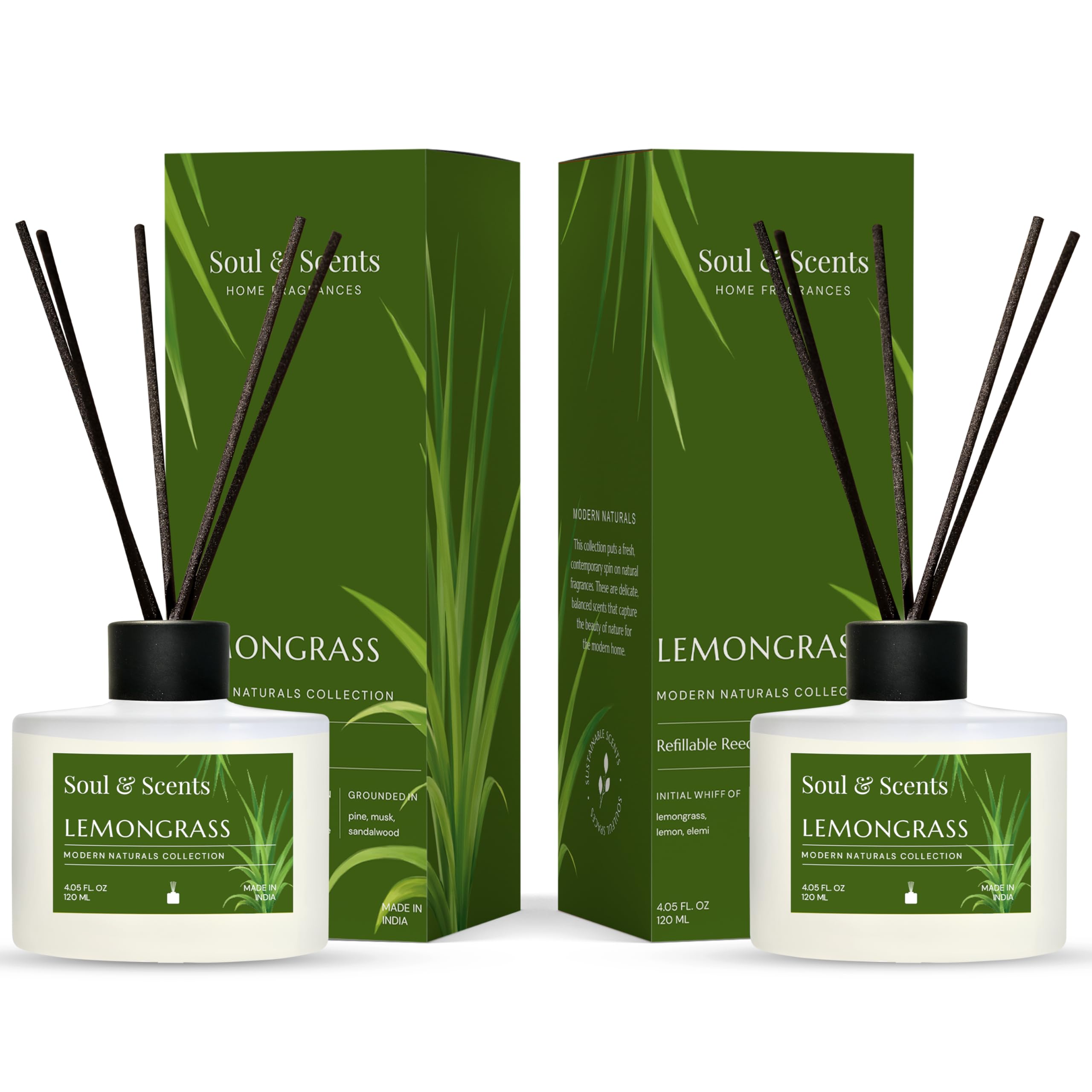 Soul & Scents Glass Lemongrass Reed Diffuser Set - 120ml with Free 6 Fiber Reed Sticks Each|Toxin Free&Stress Relief|Long Lasting|Smoke Less Room Freshener for Home,Bedroom&Office|Pack of 2