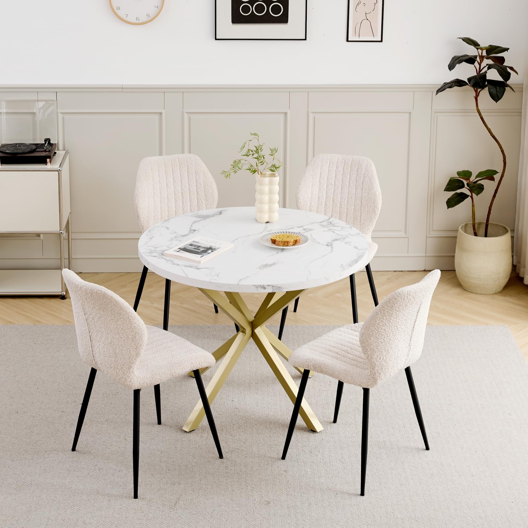Set Tavolo e Sedie da Pranzo, Tavolo da Pranzo Rotondo da 100 * 100 * 76.5 cm e 4 Sedie Moderne in Teddy Fleece, per Sala da Pranzo, Cucina, Soggiorno, Colore Marmo-GD + Beige