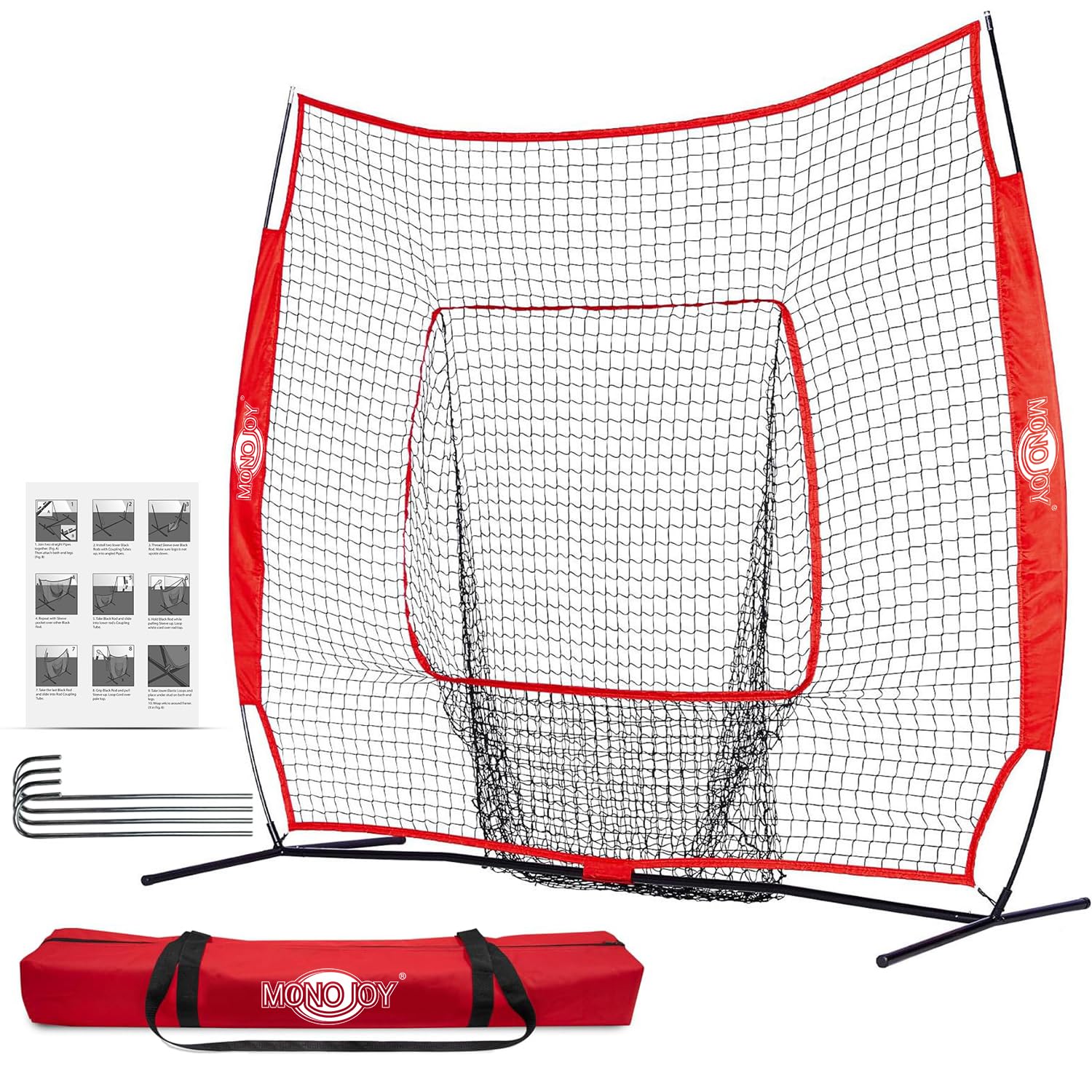 MONOJOY 7x7ft Baseball Net for Batting and Pitching, Portable Softball Hitting Net with Carry Bag, Durable Batting Net for Backyard, Practice & Training
