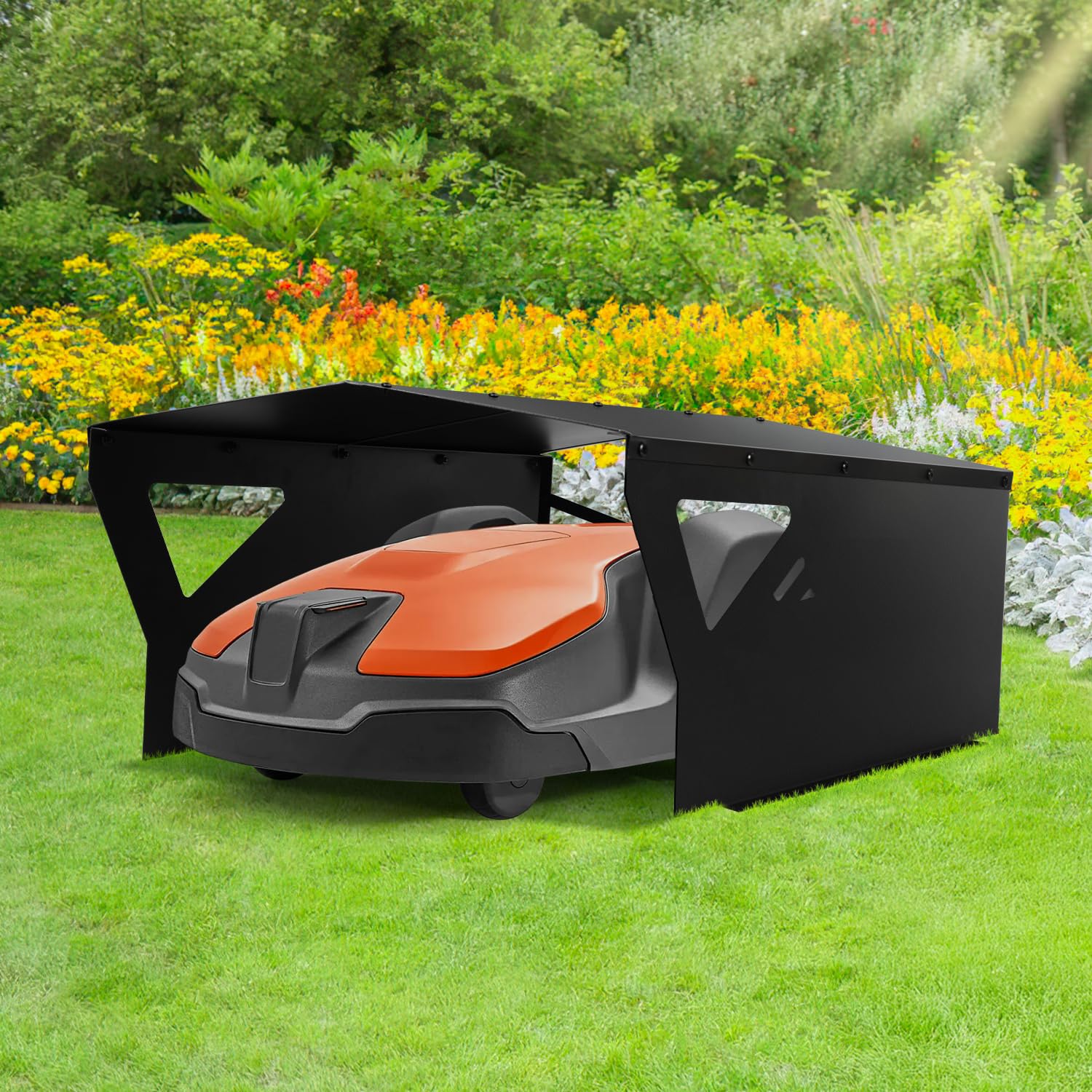 Garaż dla robota koszącego, garaż dla robotów koszących, zadaszenie dla robotów koszących, ocynkowana blacha, garaż, deszczownica dla robotów koszących z listwą podporową, czarny