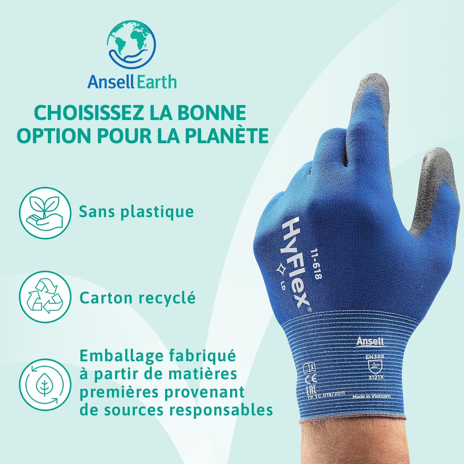 Ansell HyFlex 11-618, Gants de travail L pour manipulations de précision, Revêtement PU, Compatibles écran tactile, Bleus, 12 paires