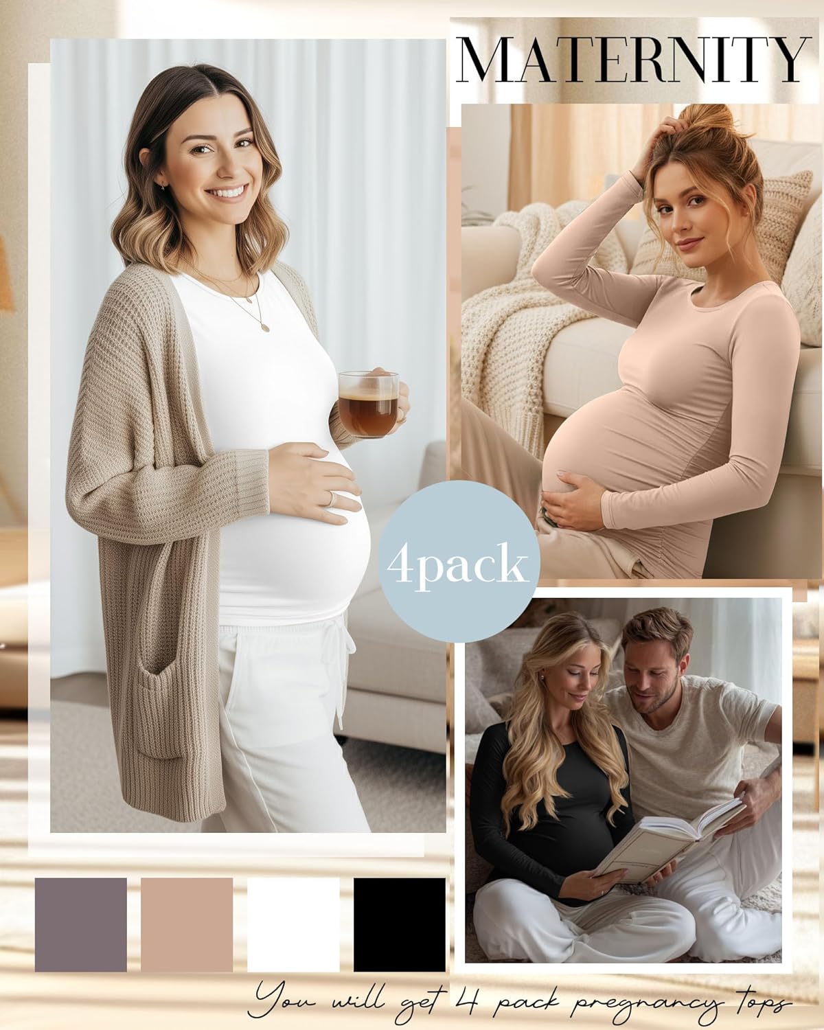 Huukeay 4 Pack Women's Maternity T Shirts, Long Sleeve Side Ruched Pregnancy Top Crew Neck Bodycon Shirts Casual Mama Clothes - Image 3