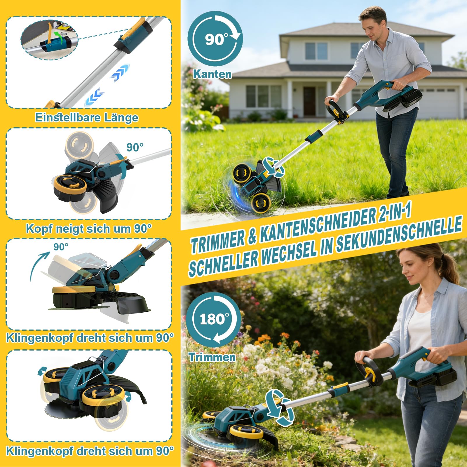 Desbrozadora Bateria 21V, Cortabordes Bateria Brushless con 2 Baterías 4,0Ah, Cepillo de Malas Hierbas, Desbrozadora Electrica 4 En 1 con Ruedas, Cortacesped Electrico Telescópico, Azul
